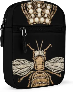 Gold Embroidery Bee and Gold Black Crown on Dark Seamless Pattern Adjustable Fanny Waist Pack Pouch, Waterproof Crossbody Runners Bag Wallet for Gym Hiking Fitness Women Men 6.1 x 2.2 x 7.9 inch