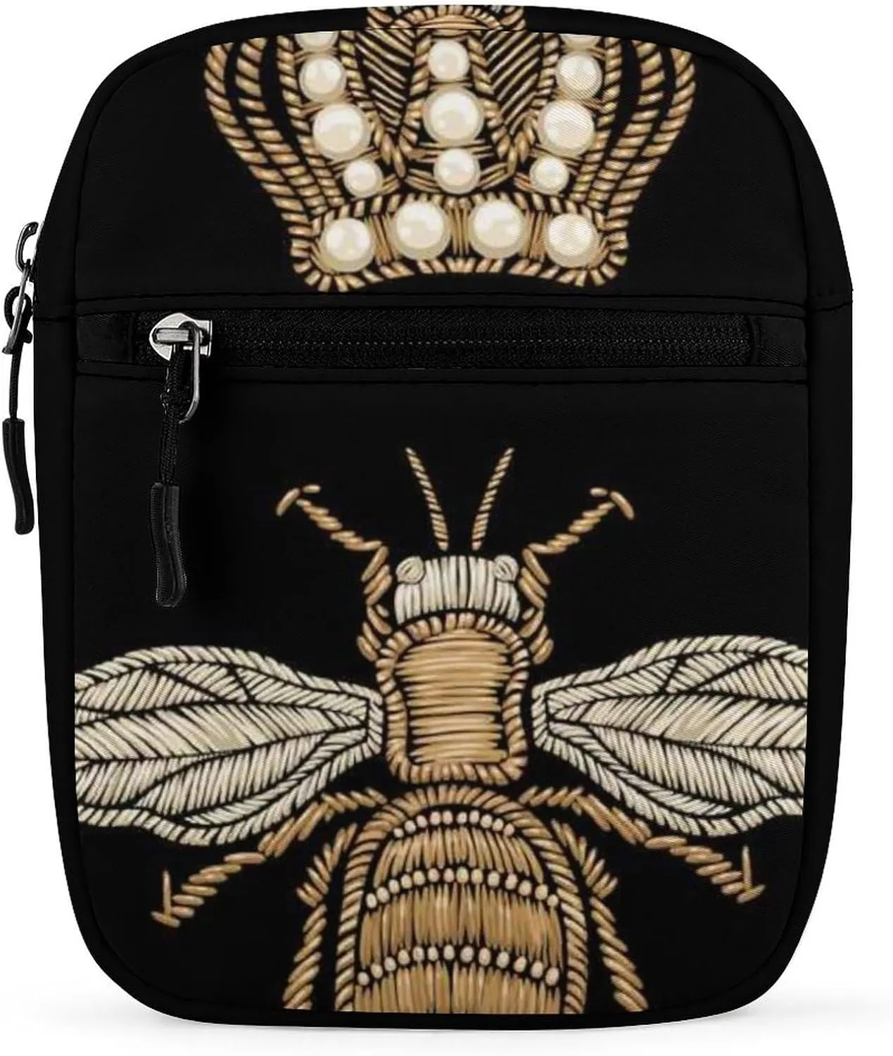 Gold Embroidery Bee and Gold Black Crown on Dark Seamless Pattern Adjustable Fanny Waist Pack Pouch, Waterproof Crossbody Runners Bag Wallet for Gym Hiking Fitness Women Men 6.1 x 2.2 x 7.9 inch
