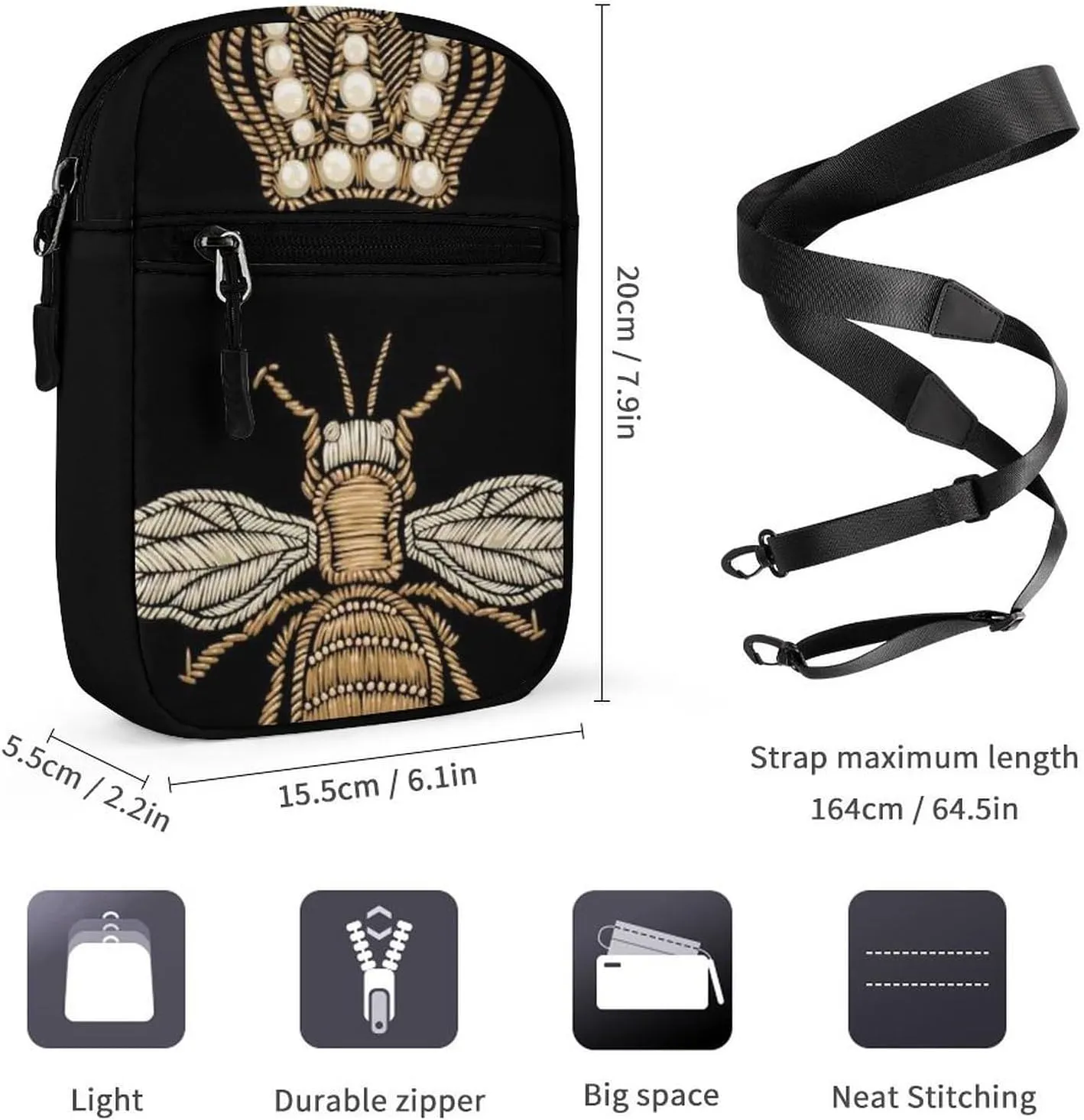 Gold Embroidery Bee and Gold Black Crown on Dark Seamless Pattern Adjustable Fanny Waist Pack Pouch, Waterproof Crossbody Runners Bag Wallet for Gym Hiking Fitness Women Men 6.1 x 2.2 x 7.9 inch