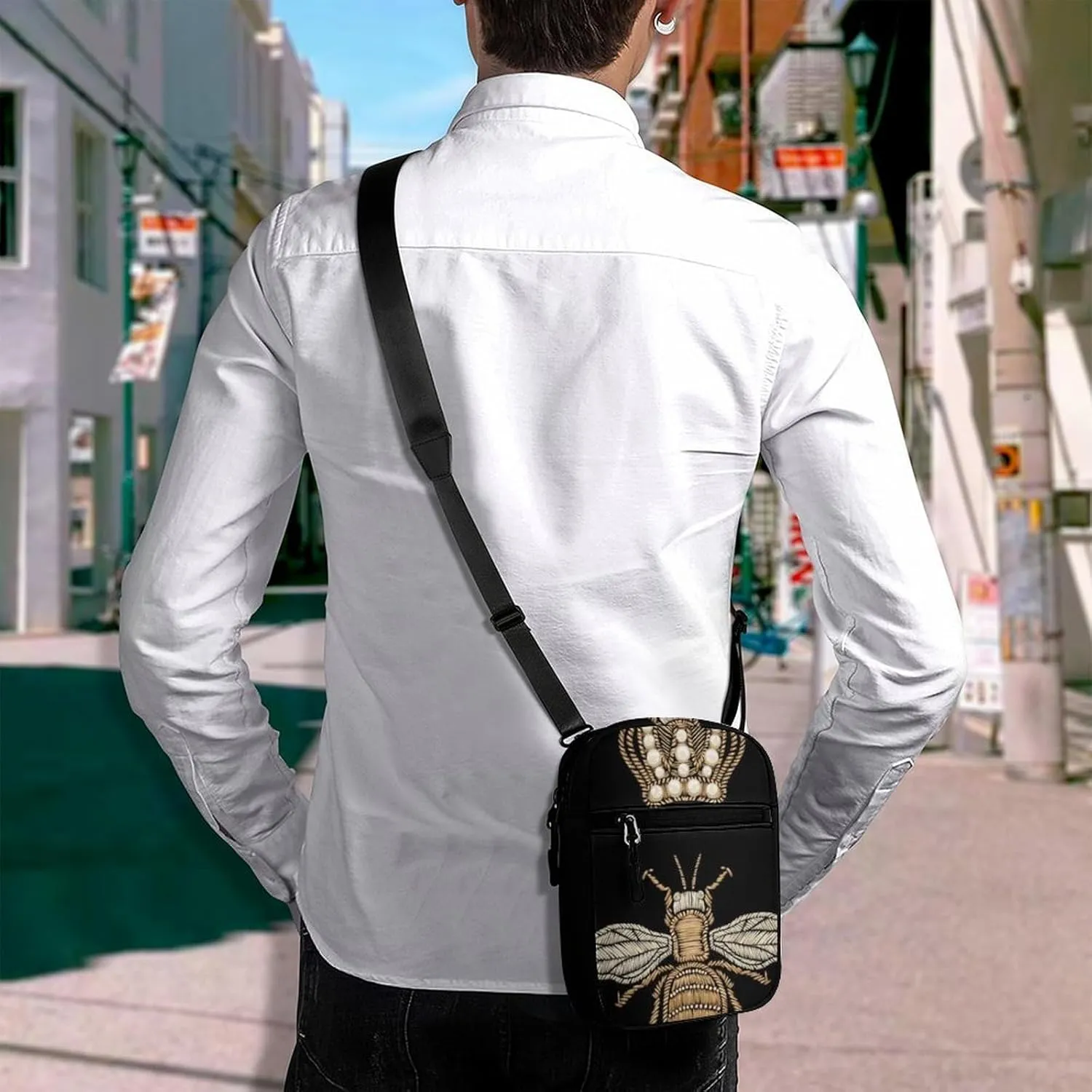 Gold Embroidery Bee and Gold Black Crown on Dark Seamless Pattern Adjustable Fanny Waist Pack Pouch, Waterproof Crossbody Runners Bag Wallet for Gym Hiking Fitness Women Men 6.1 x 2.2 x 7.9 inch