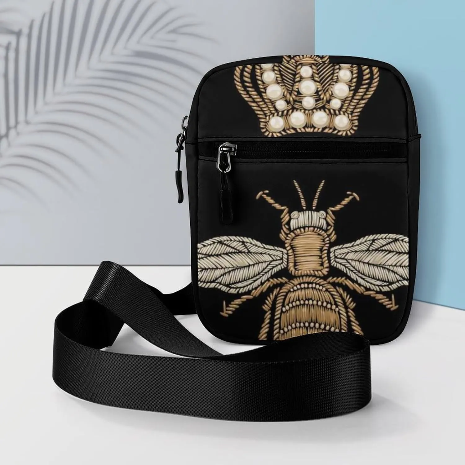 Gold Embroidery Bee and Gold Black Crown on Dark Seamless Pattern Adjustable Fanny Waist Pack Pouch, Waterproof Crossbody Runners Bag Wallet for Gym Hiking Fitness Women Men 6.1 x 2.2 x 7.9 inch