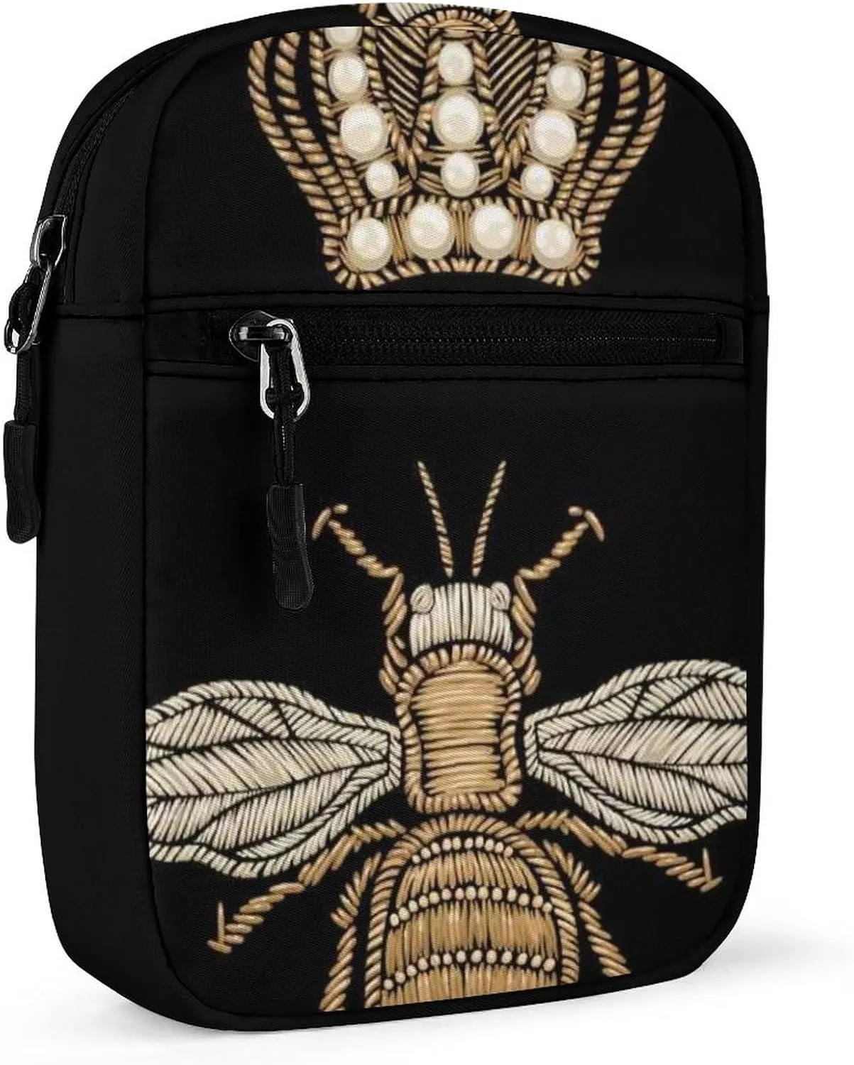 Gold Embroidery Bee and Gold Black Crown on Dark Seamless Pattern Adjustable Fanny Waist Pack Pouch, Waterproof Crossbody Runners Bag Wallet for Gym Hiking Fitness Women Men 6.1 x 2.2 x 7.9 inch