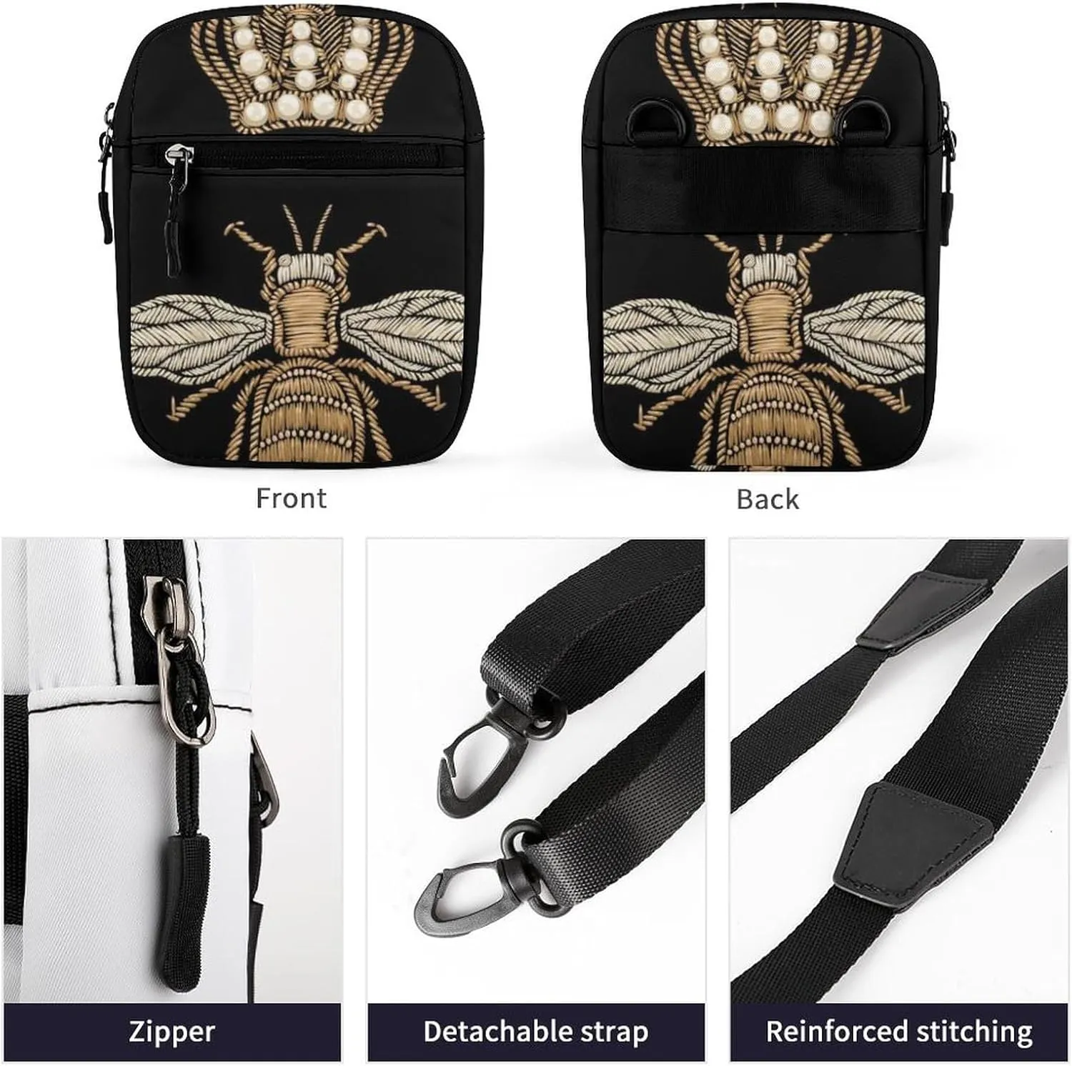 Gold Embroidery Bee and Gold Black Crown on Dark Seamless Pattern Adjustable Fanny Waist Pack Pouch, Waterproof Crossbody Runners Bag Wallet for Gym Hiking Fitness Women Men 6.1 x 2.2 x 7.9 inch