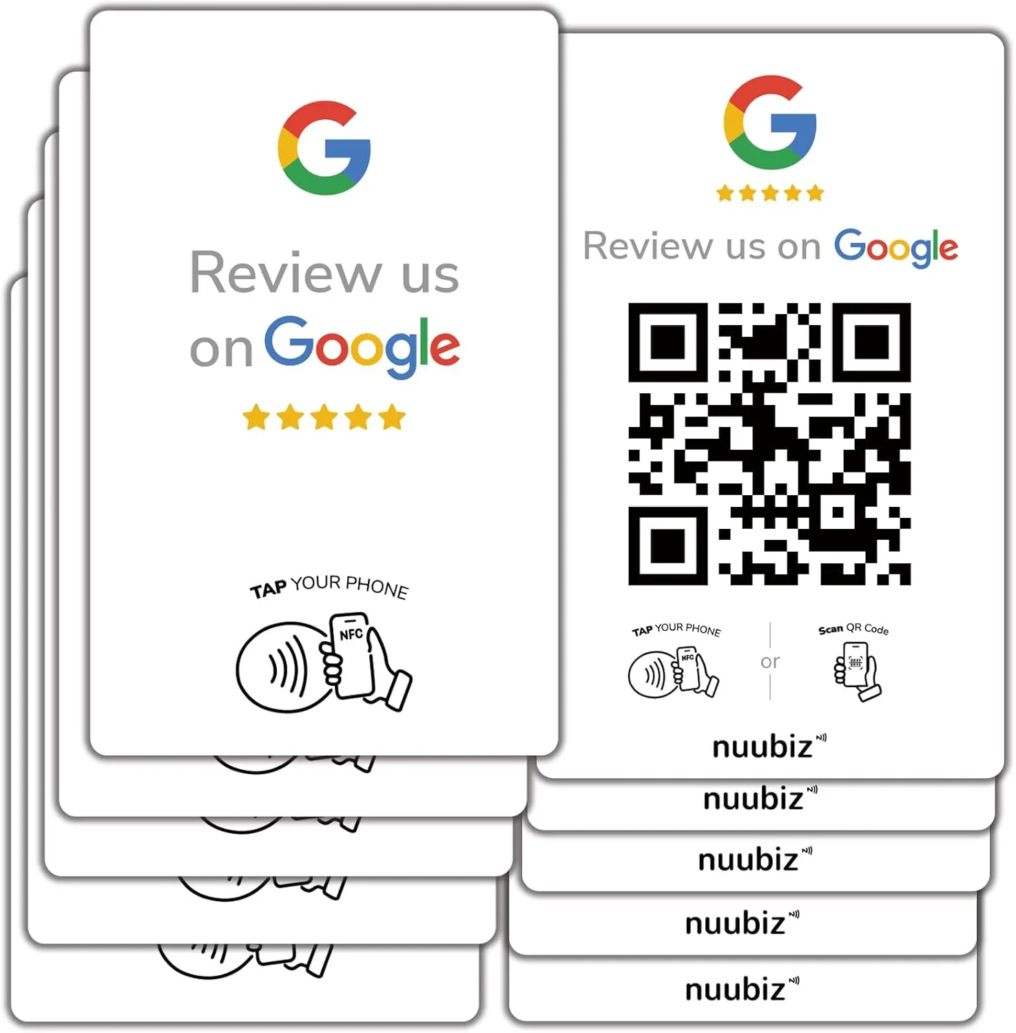 Google Review Tap Card (5 pack) by NUUBIZ - NFC & QR Code Sign - Works with All Smartphones - Tap & Scan Cards to Boost Reviews & Engagement -Promote Your Brand - white
