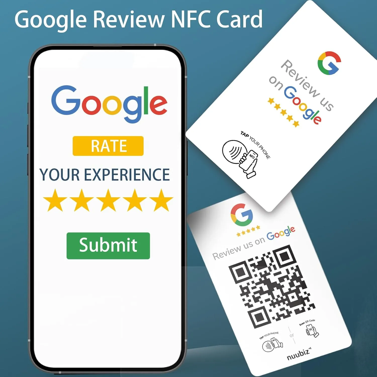 Google Review Tap Card (5 pack) by NUUBIZ - NFC & QR Code Sign - Works with All Smartphones - Tap & Scan Cards to Boost Reviews & Engagement -Promote Your Brand - white