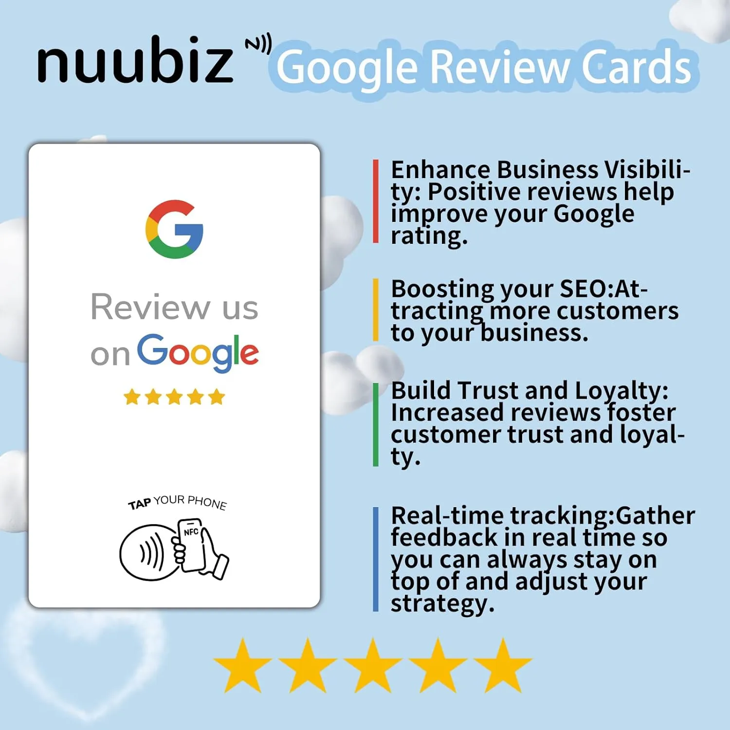 Google Review Tap Card (5 pack) by NUUBIZ - NFC & QR Code Sign - Works with All Smartphones - Tap & Scan Cards to Boost Reviews & Engagement -Promote Your Brand - white