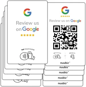 Google Review Tap Card (5 pack) by NUUBIZ - NFC & QR Code Sign - Works with All Smartphones - Tap & Scan Cards to Boost Reviews & Engagement -Promote Your Brand - white