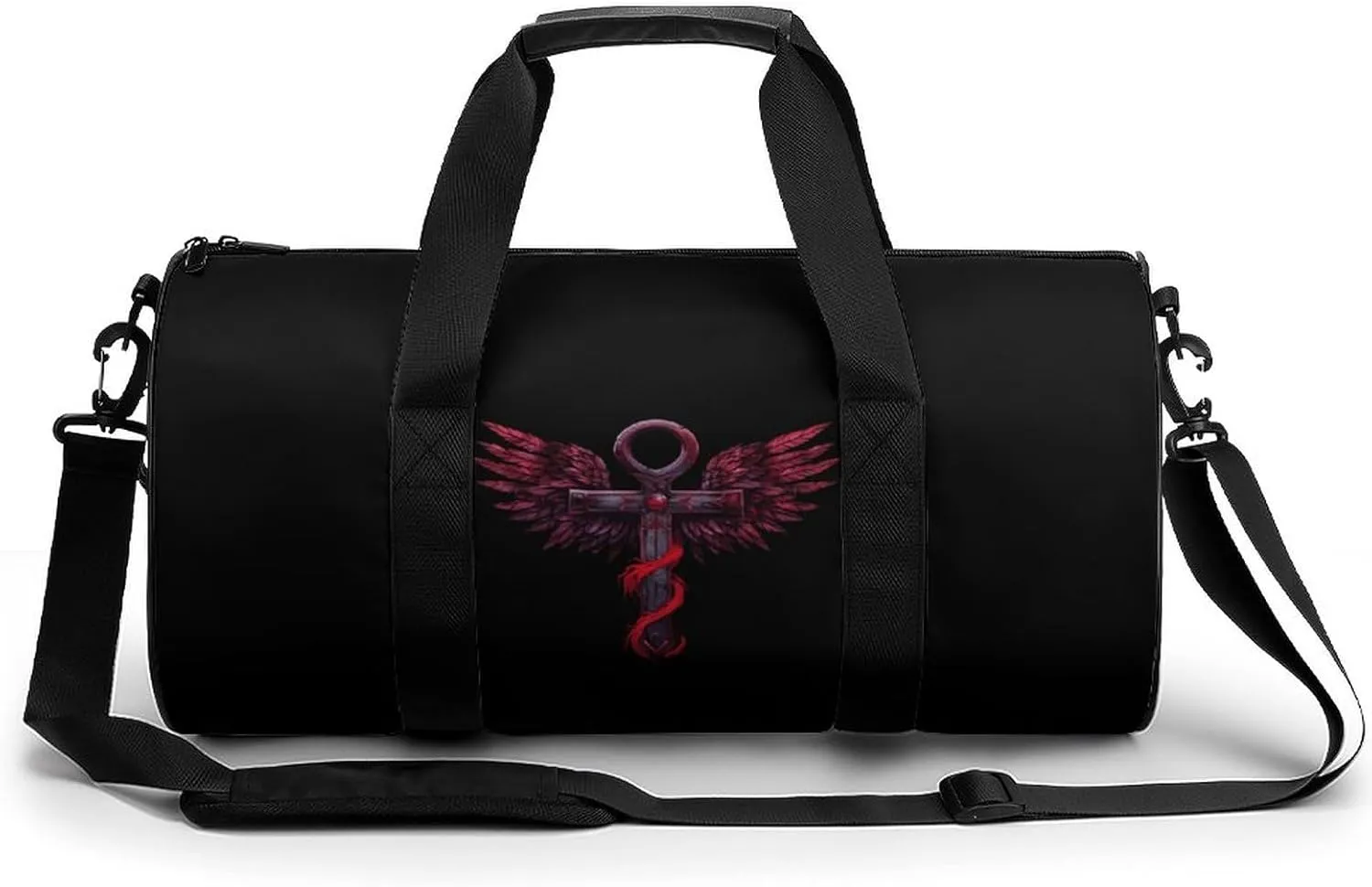Gothic Silver Ankh Vampire with Red Wings Gym Bag Cylindrical Sports Bag Travel Duffel Bag with Shoulder Strap