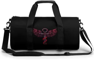 Gothic Silver Ankh Vampire with Red Wings Gym Bag Cylindrical Sports Bag Travel Duffel Bag with Shoulder Strap