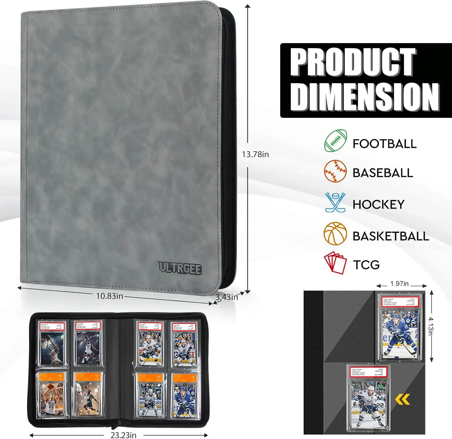 Graded Card Binder, Storage Binder for Graded Cards - 4 Slot, PSA Card Display Album compatible with PSA/CGC/PCG Slabs, Holds 40 Graded Cards (Grey)