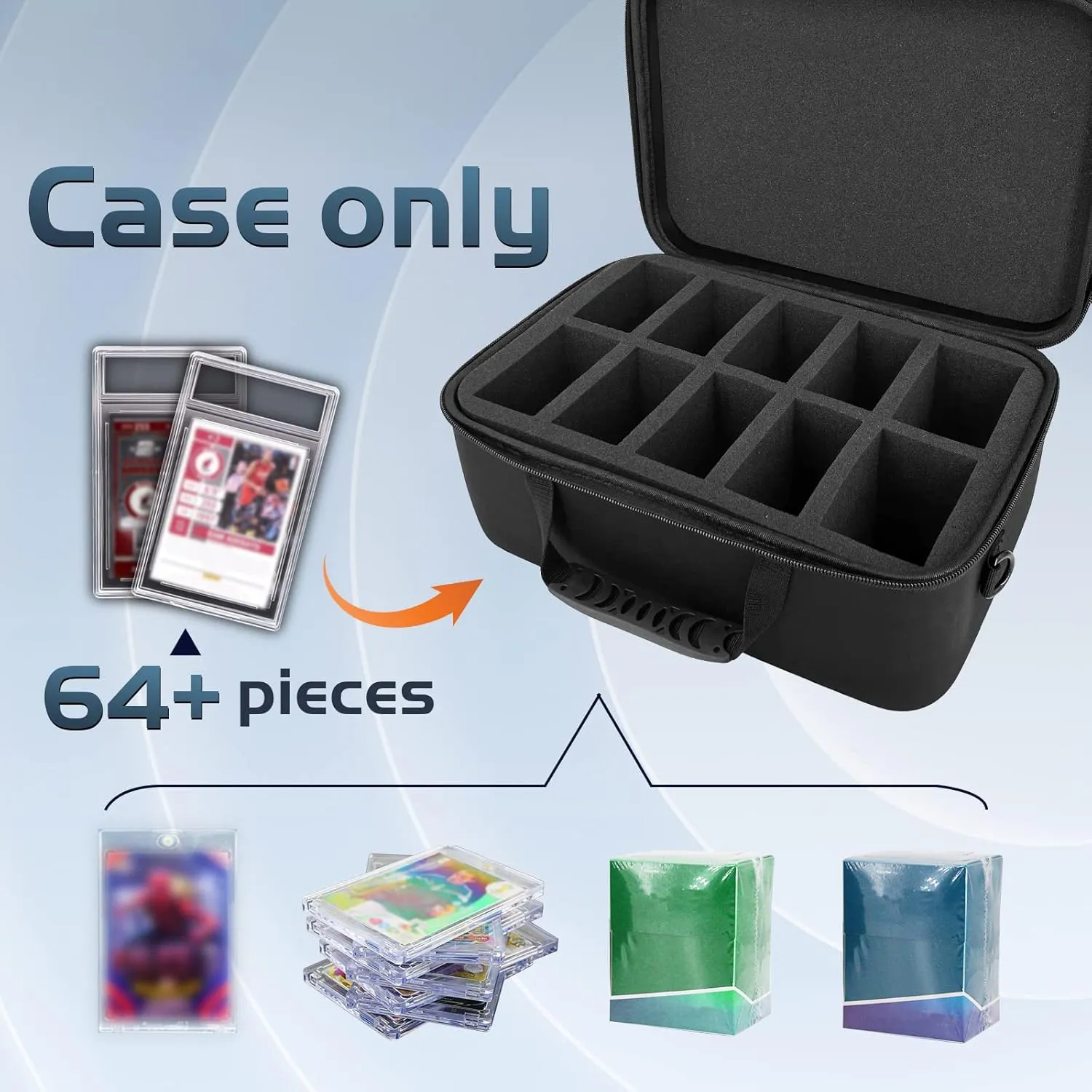 Graded Card Case Storage Box Fits for 64 Graded Sports Trading Cards, Slab Card Holder Organizer for CSG, BGS, FGS, PSA, SGC, Toploaders Football card with Removable Thick Foam Slots (Bag Only)