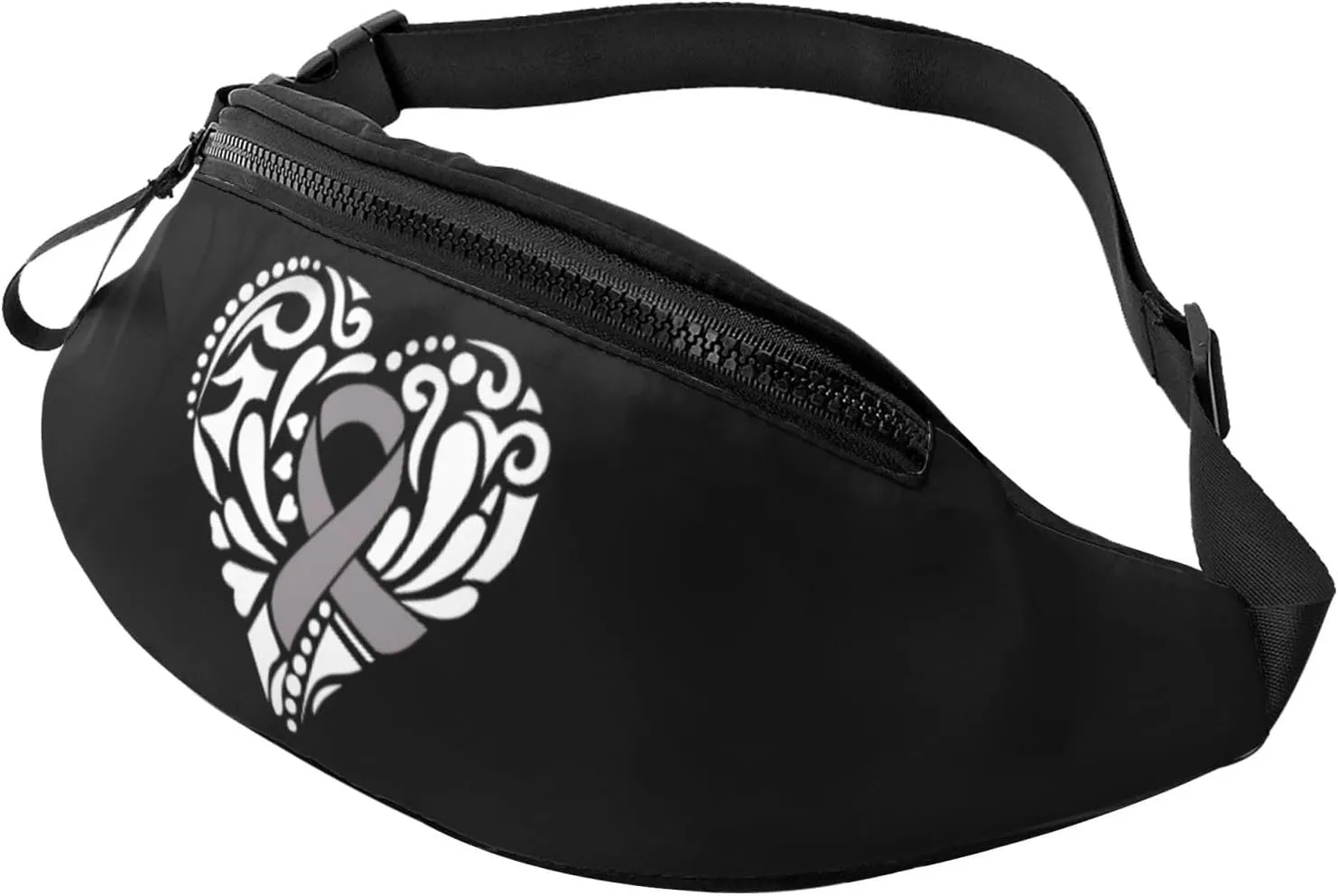 Gray Heart Ribbon Brain Cancer Awareness Fanny Pack for Men Women, Sports waist bag, suitable for traveling, hiking and running