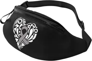 Gray Heart Ribbon Brain Cancer Awareness Fanny Pack for Men Women, Sports waist bag, suitable for traveling, hiking and running