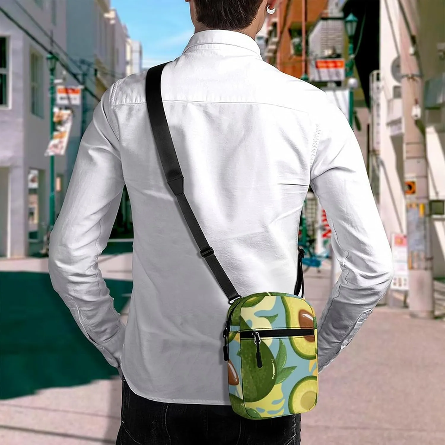 Green Avocado Yellow Avocado Slices Green Leaves on Blue Adjustable Fanny Waist Pack Pouch, Waterproof Crossbody Runners Bag Wallet for Gym Hiking Fitness Women Men 6.1 x 2.2 x 7.9 inch