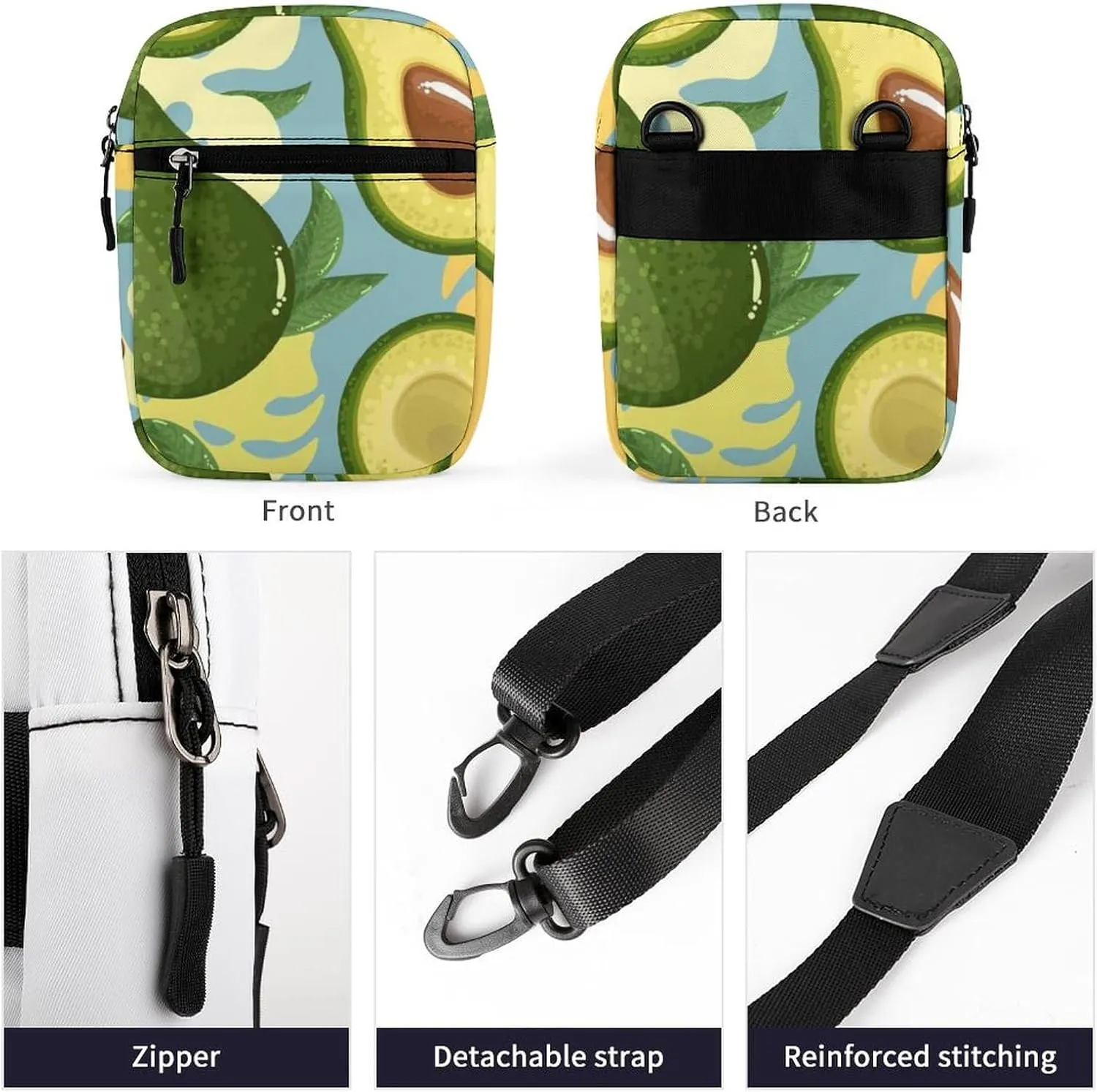 Green Avocado Yellow Avocado Slices Green Leaves on Blue Adjustable Fanny Waist Pack Pouch, Waterproof Crossbody Runners Bag Wallet for Gym Hiking Fitness Women Men 6.1 x 2.2 x 7.9 inch