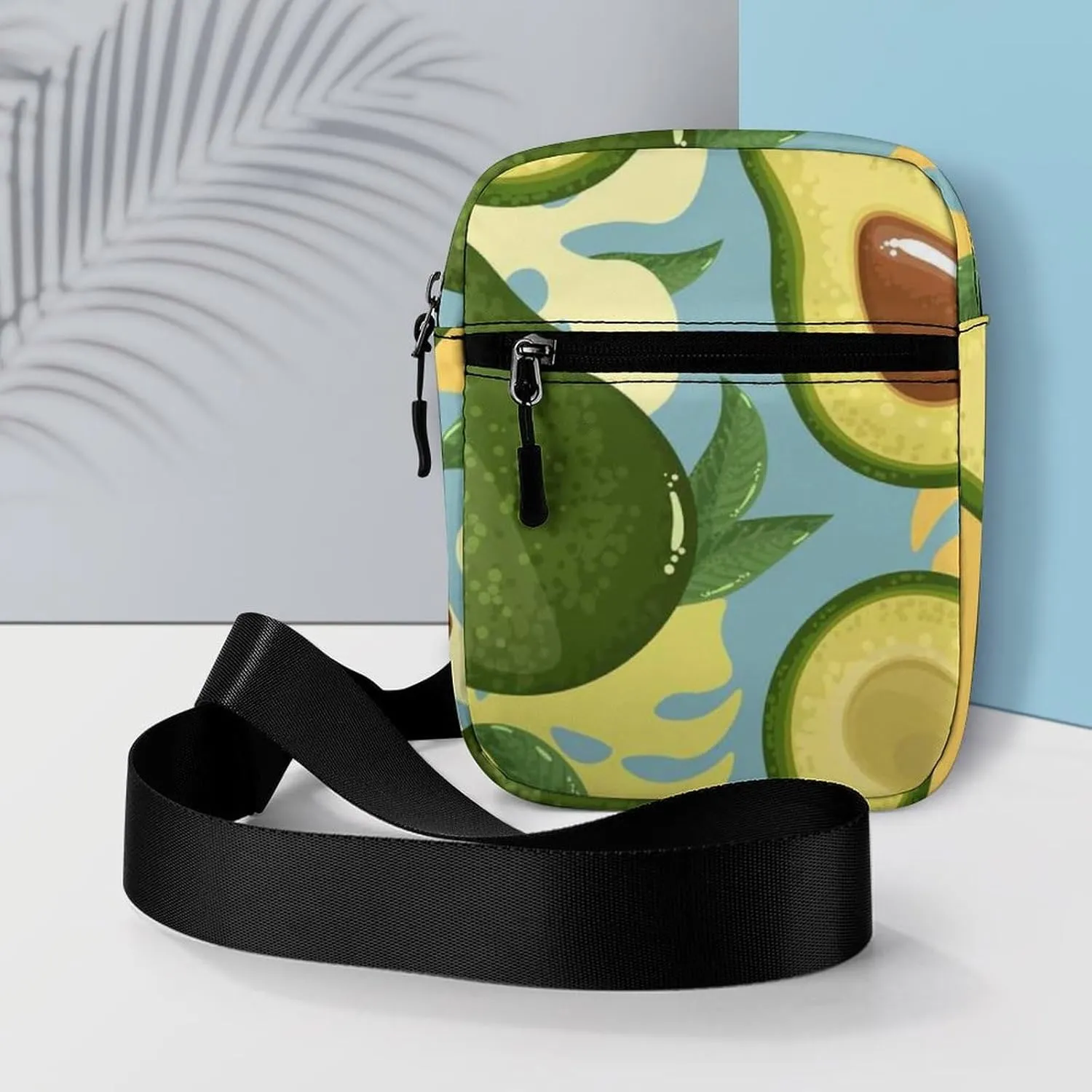 Green Avocado Yellow Avocado Slices Green Leaves on Blue Adjustable Fanny Waist Pack Pouch, Waterproof Crossbody Runners Bag Wallet for Gym Hiking Fitness Women Men 6.1 x 2.2 x 7.9 inch