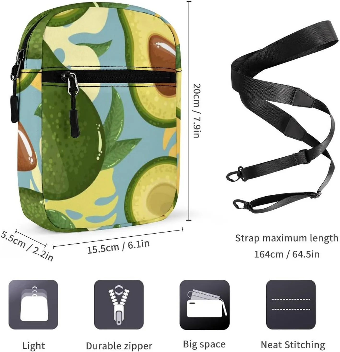 Green Avocado Yellow Avocado Slices Green Leaves on Blue Adjustable Fanny Waist Pack Pouch, Waterproof Crossbody Runners Bag Wallet for Gym Hiking Fitness Women Men 6.1 x 2.2 x 7.9 inch
