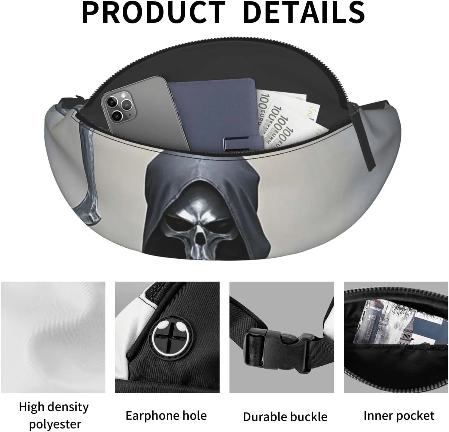 Grim-Reaper Fanny Pack for Women Men Waist Bag Waterproof Belt Bag with Adjustable Strap