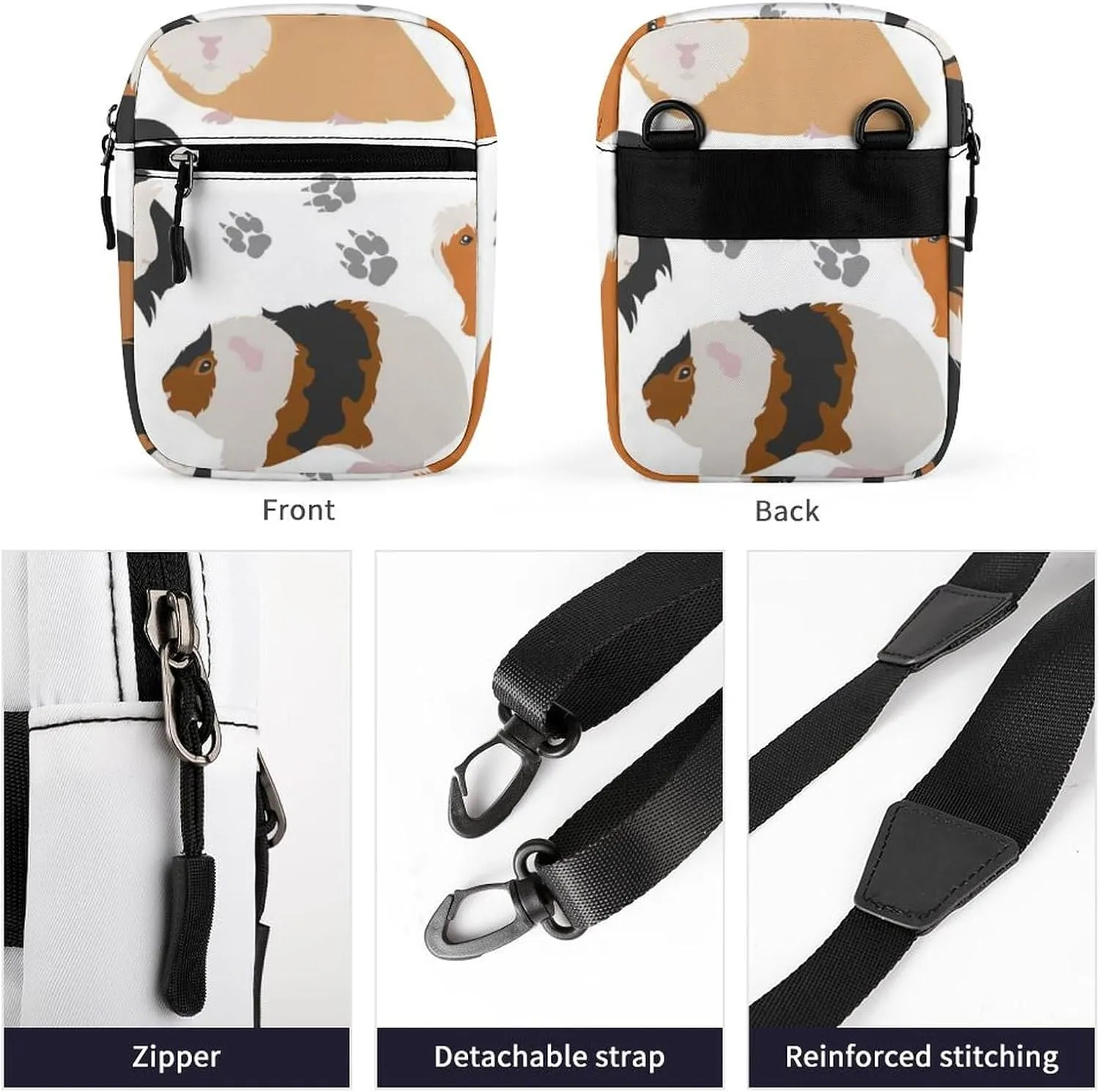 Guinea Pig Breeds Pet Rodents Isolated on White Adjustable Fanny Waist Pack Pouch, Waterproof Crossbody Runners Bag Wallet for Gym Hiking Fitness Women Men 6.1 x 2.2 x 7.9 inch