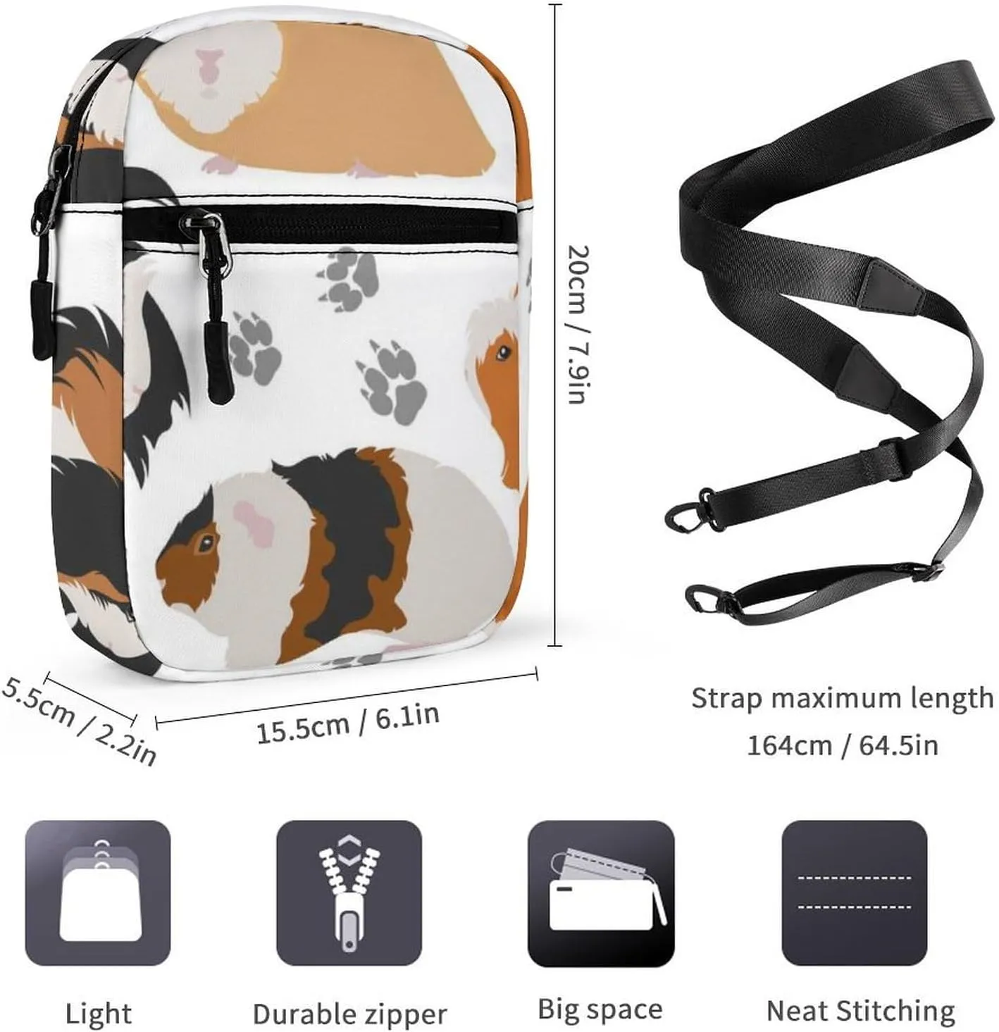 Guinea Pig Breeds Pet Rodents Isolated on White Adjustable Fanny Waist Pack Pouch, Waterproof Crossbody Runners Bag Wallet for Gym Hiking Fitness Women Men 6.1 x 2.2 x 7.9 inch