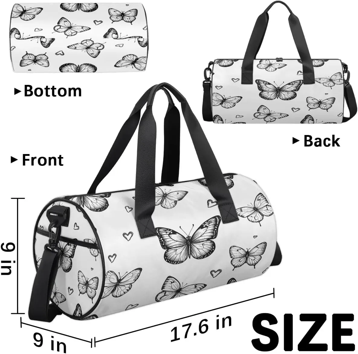 Gym Bags for Men Women Butterfly Love Heart Sports Duffel Bags Carry On Travel Duffle Bag with Detachable Adjustable Shoulder Strap Overnight Weekender Bag