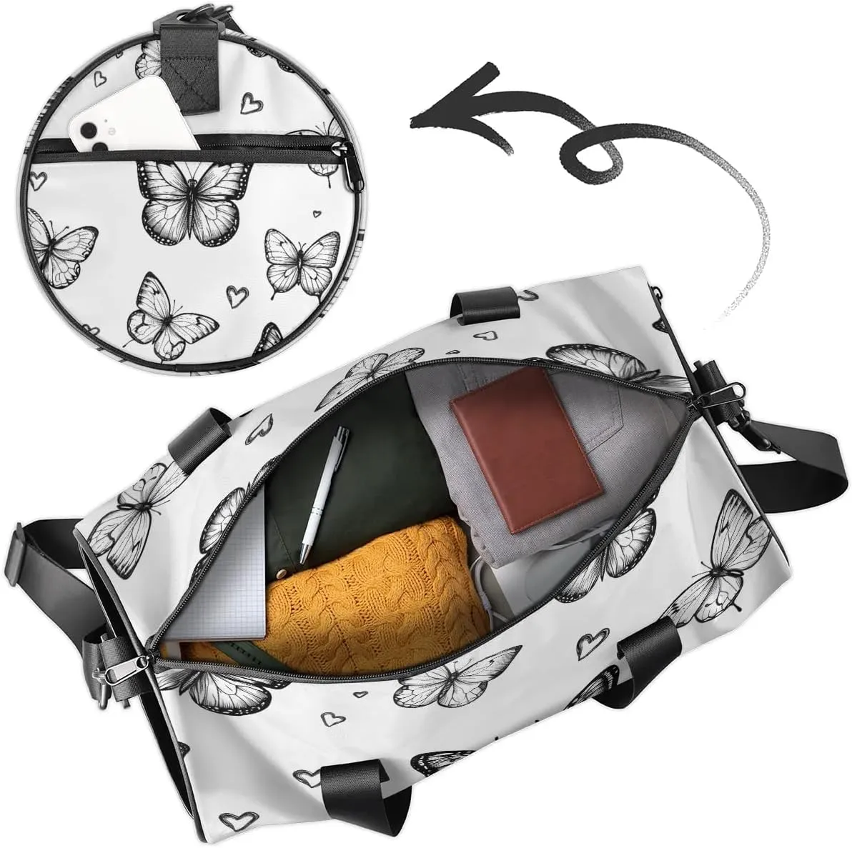 Gym Bags for Men Women Butterfly Love Heart Sports Duffel Bags Carry On Travel Duffle Bag with Detachable Adjustable Shoulder Strap Overnight Weekender Bag