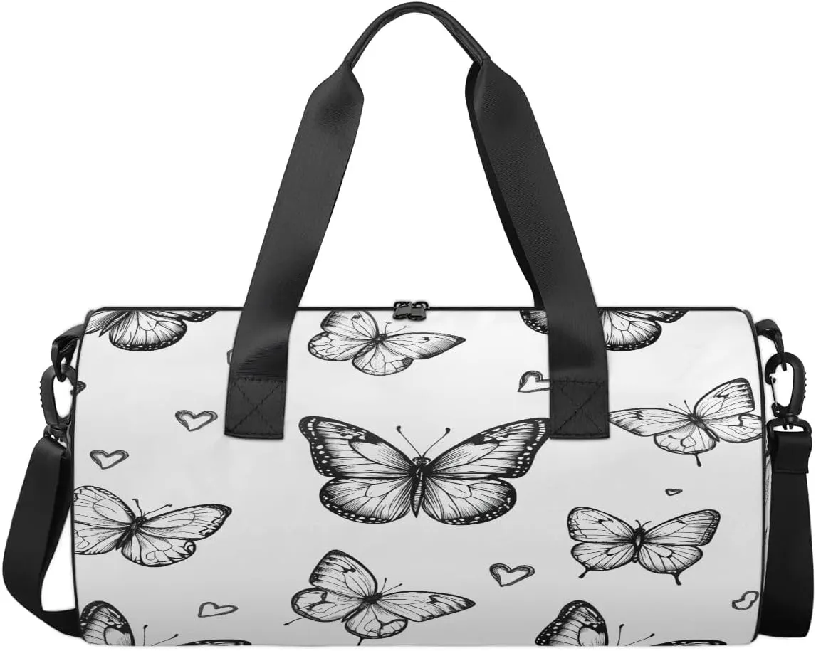 Gym Bags for Men Women Butterfly Love Heart Sports Duffel Bags Carry On Travel Duffle Bag with Detachable Adjustable Shoulder Strap Overnight Weekender Bag