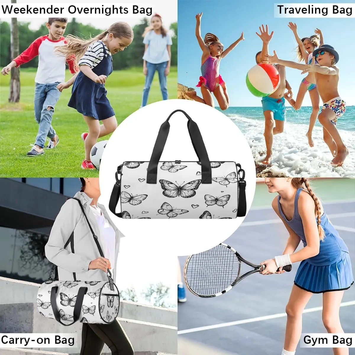 Gym Bags for Men Women Butterfly Love Heart Sports Duffel Bags Carry On Travel Duffle Bag with Detachable Adjustable Shoulder Strap Overnight Weekender Bag