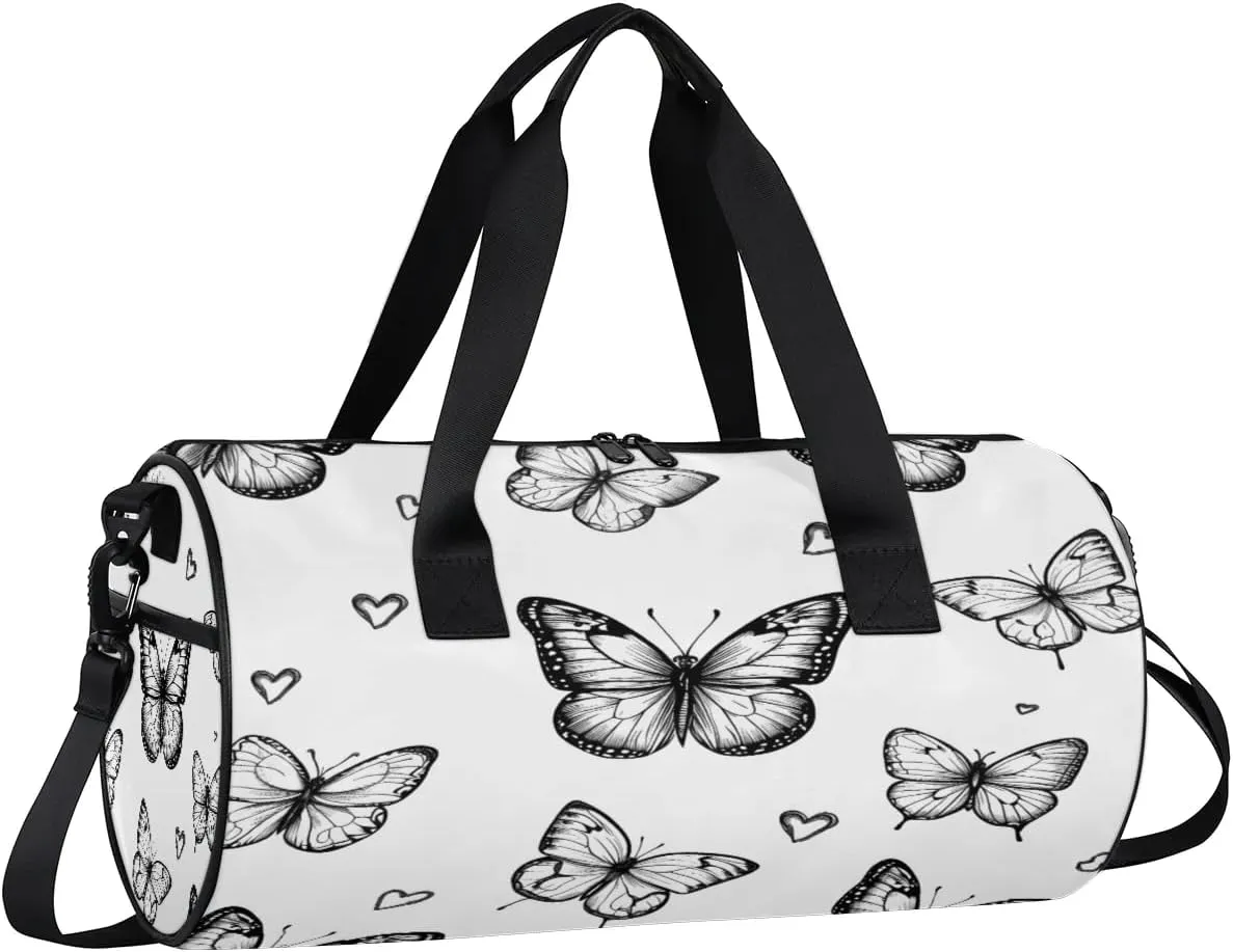 Gym Bags for Men Women Butterfly Love Heart Sports Duffel Bags Carry On Travel Duffle Bag with Detachable Adjustable Shoulder Strap Overnight Weekender Bag