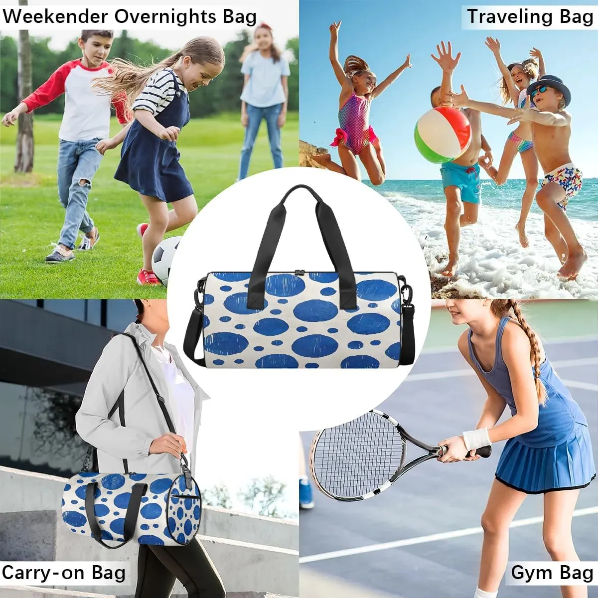 Gym Bags for Men Women Dot Printed Sports Duffel Bags Carry On Travel Duffle Bag with Detachable Adjustable Shoulder Strap Overnight Weekender Bag