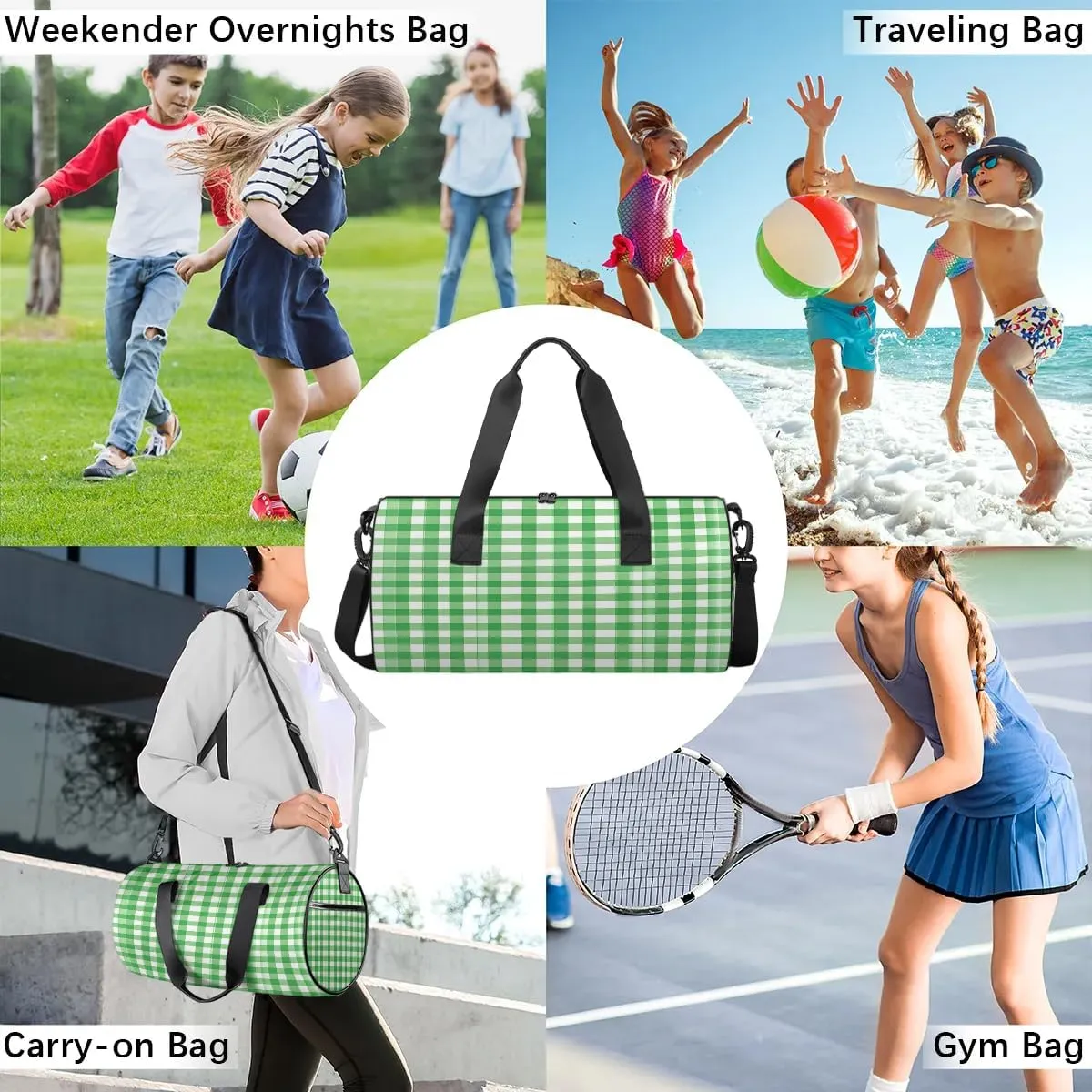 Gym Bags for Men Women Green Plaid Sports Duffel Bags Carry On Travel Duffle Bag with Detachable Adjustable Shoulder Strap Overnight Weekender Bag