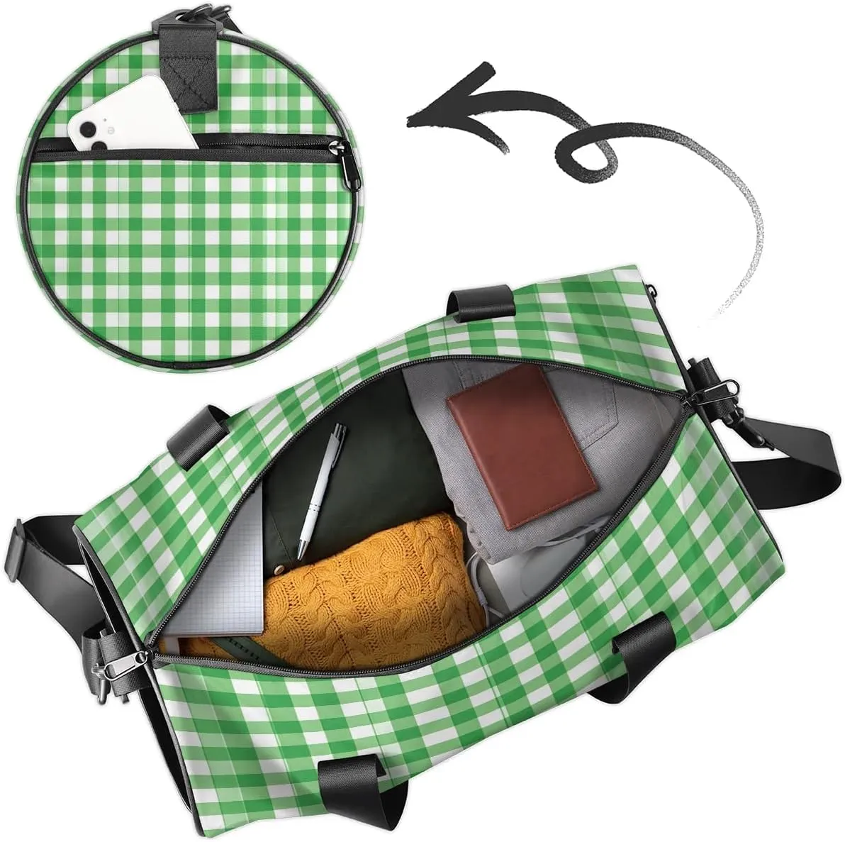 Gym Bags for Men Women Green Plaid Sports Duffel Bags Carry On Travel Duffle Bag with Detachable Adjustable Shoulder Strap Overnight Weekender Bag