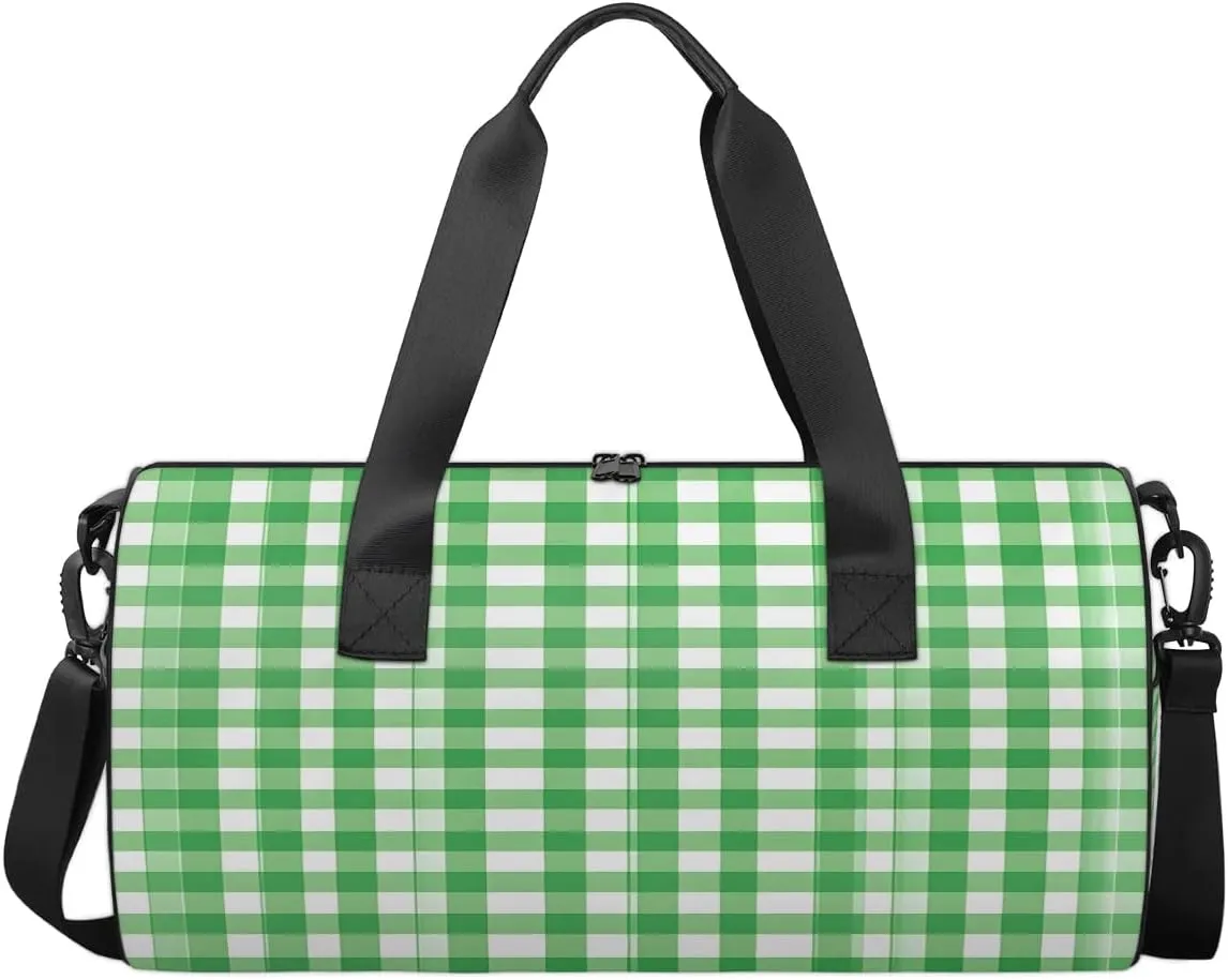 Gym Bags for Men Women Green Plaid Sports Duffel Bags Carry On Travel Duffle Bag with Detachable Adjustable Shoulder Strap Overnight Weekender Bag