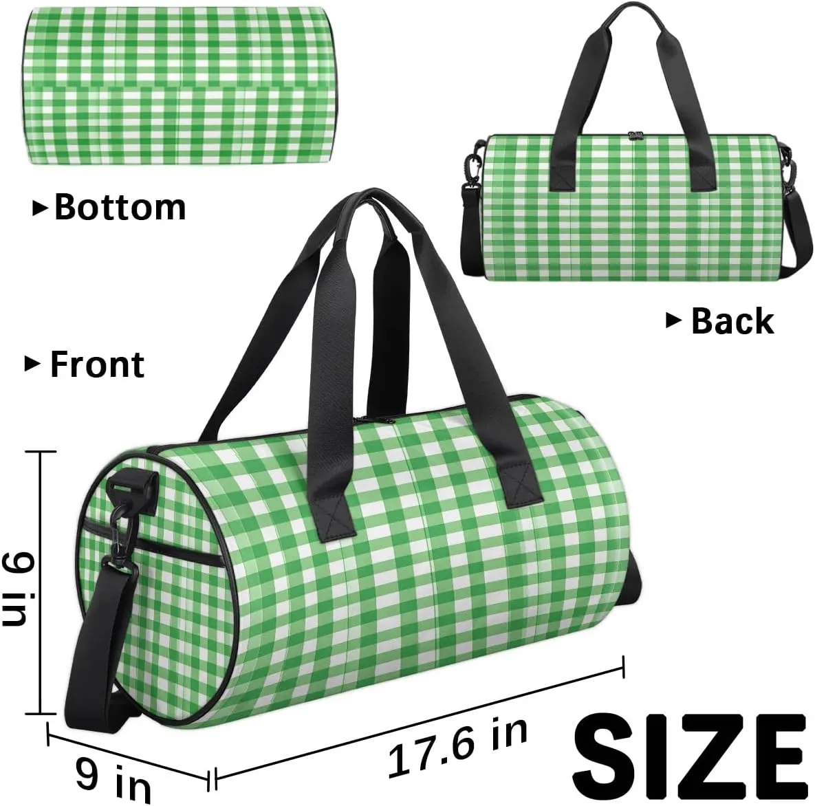 Gym Bags for Men Women Green Plaid Sports Duffel Bags Carry On Travel Duffle Bag with Detachable Adjustable Shoulder Strap Overnight Weekender Bag