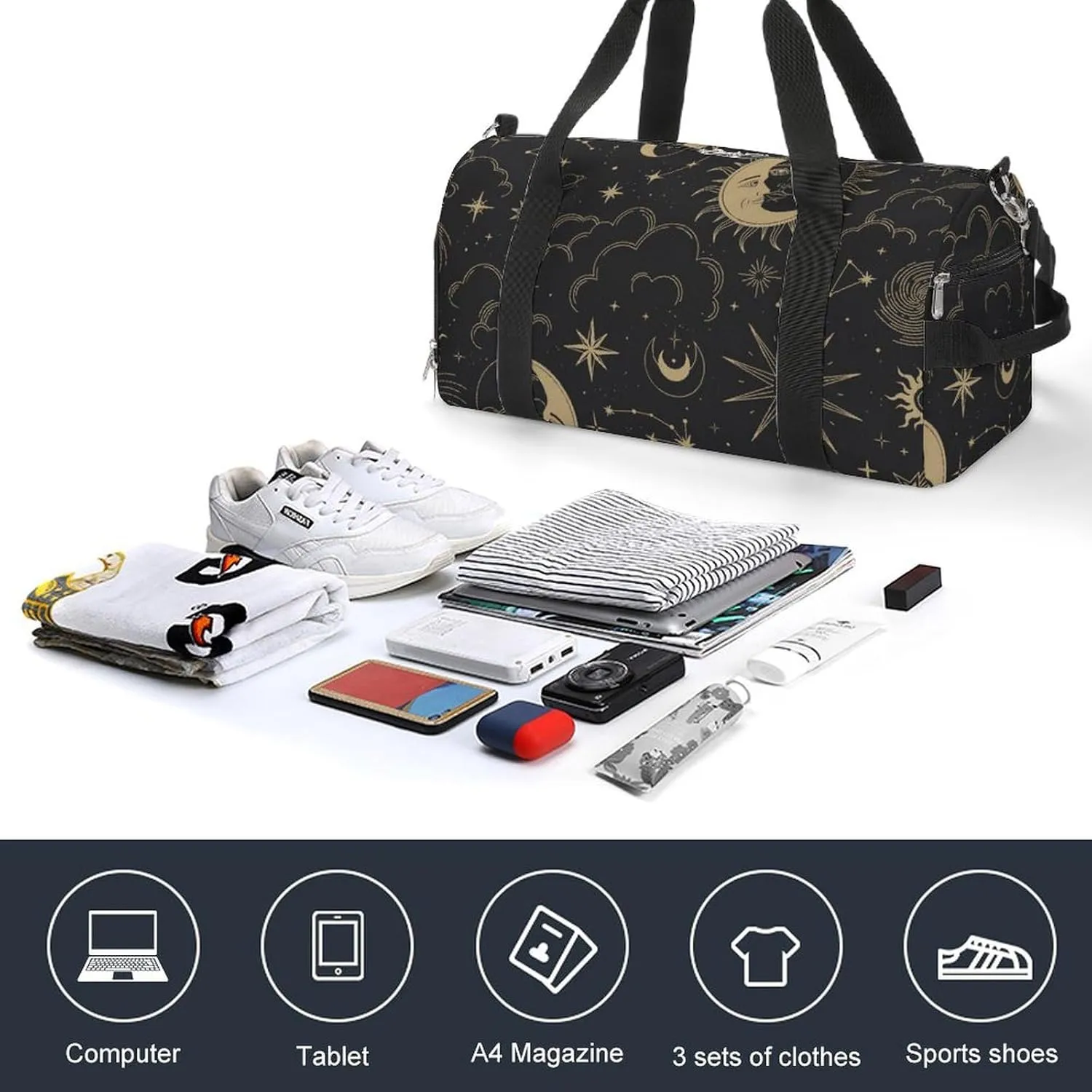 Gym Duffel Bag with Shoe Compartment Wet Pocket, Astrology-pattern Travel Bag for Men Women, style-1