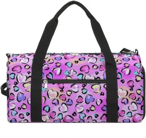 Gym Duffel Bag with Shoe Compartment Wet Pocket, Chaotic Leopard Print with Hearts Travel Bag for Men Women