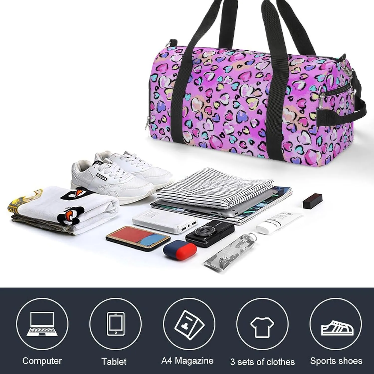 Gym Duffel Bag with Shoe Compartment Wet Pocket, Chaotic Leopard Print with Hearts Travel Bag for Men Women