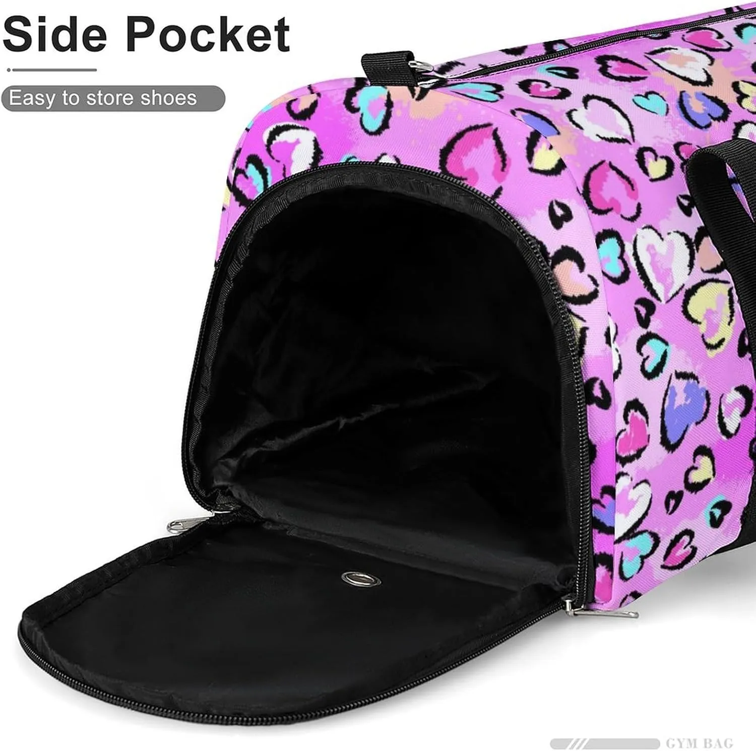Gym Duffel Bag with Shoe Compartment Wet Pocket, Chaotic Leopard Print with Hearts Travel Bag for Men Women