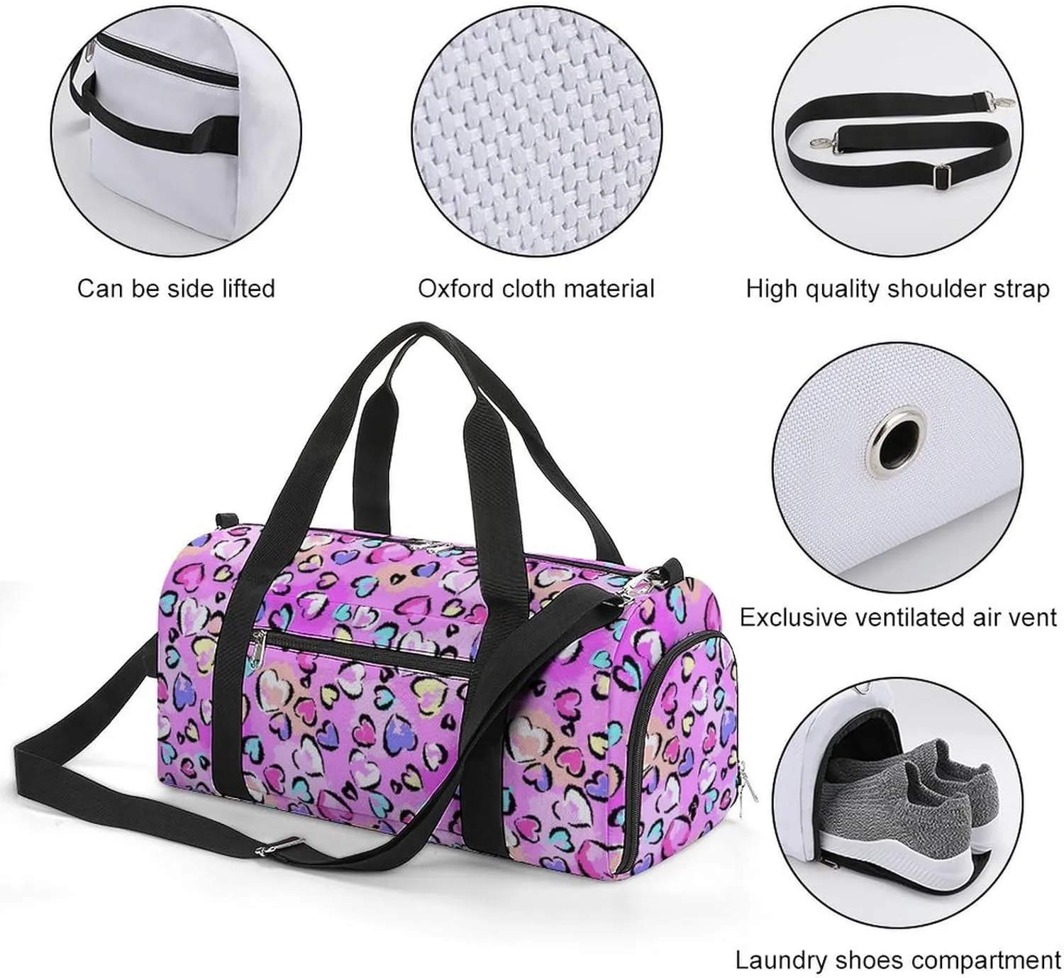 Gym Duffel Bag with Shoe Compartment Wet Pocket, Chaotic Leopard Print with Hearts Travel Bag for Men Women