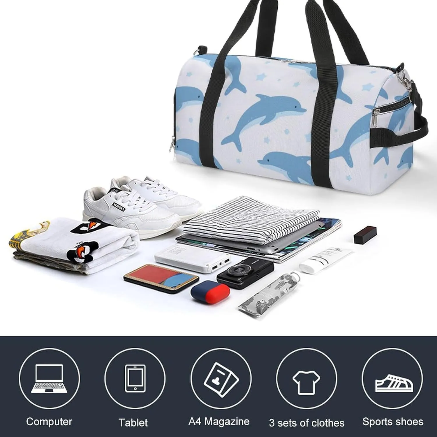 Gym Duffel Bag with Shoe Compartment Wet Pocket, Dolphins Cartoon Travel Bag for Men Women