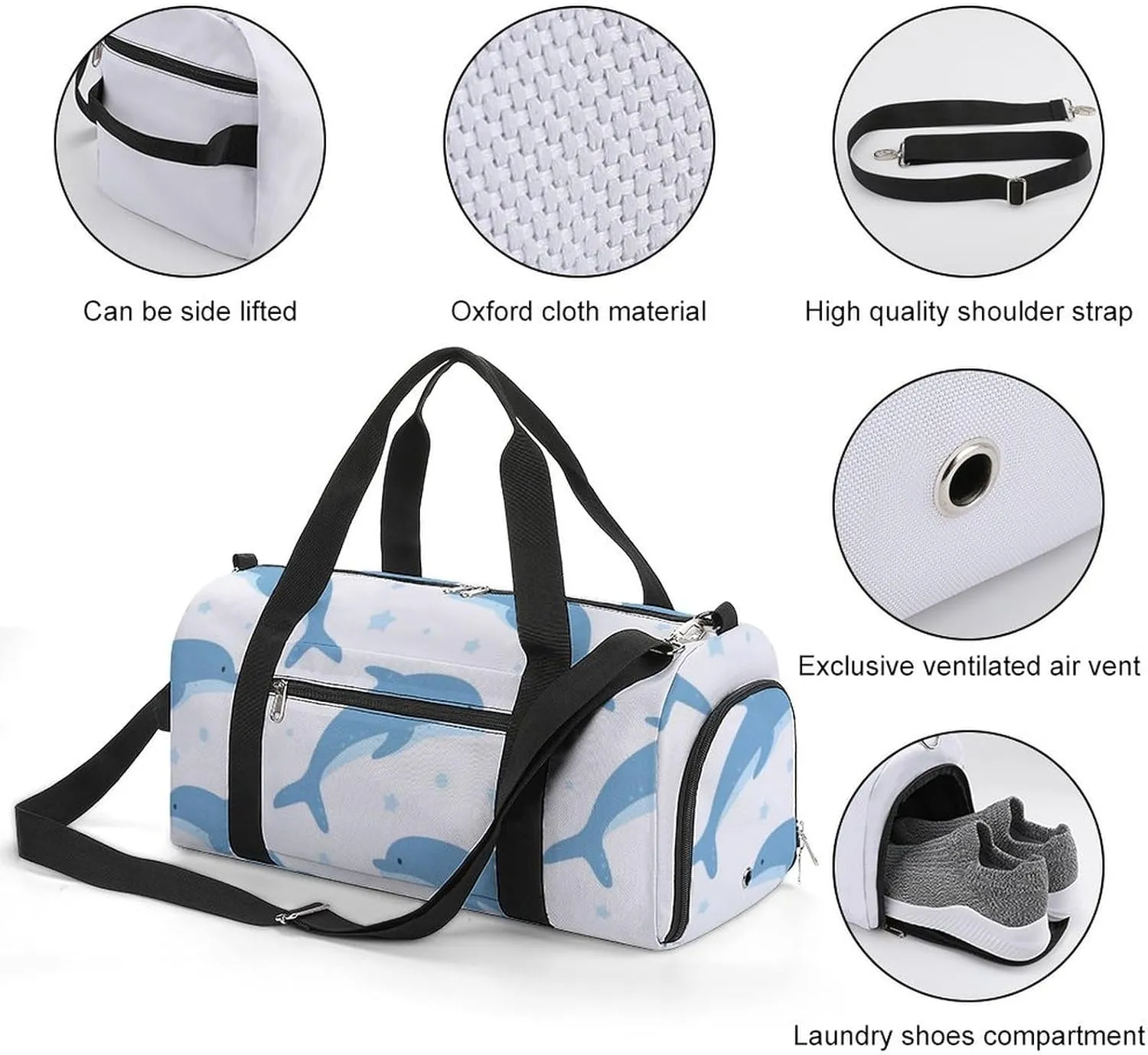 Gym Duffel Bag with Shoe Compartment Wet Pocket, Dolphins Cartoon Travel Bag for Men Women