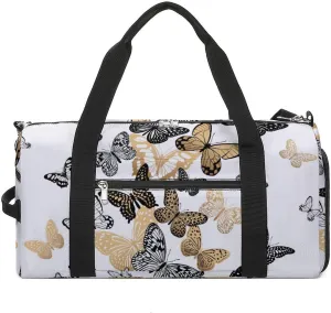 Gym Duffel Bag with Shoe Compartment Wet Pocket, Gold Black Butterflies White Travel Bag for Men Women, style