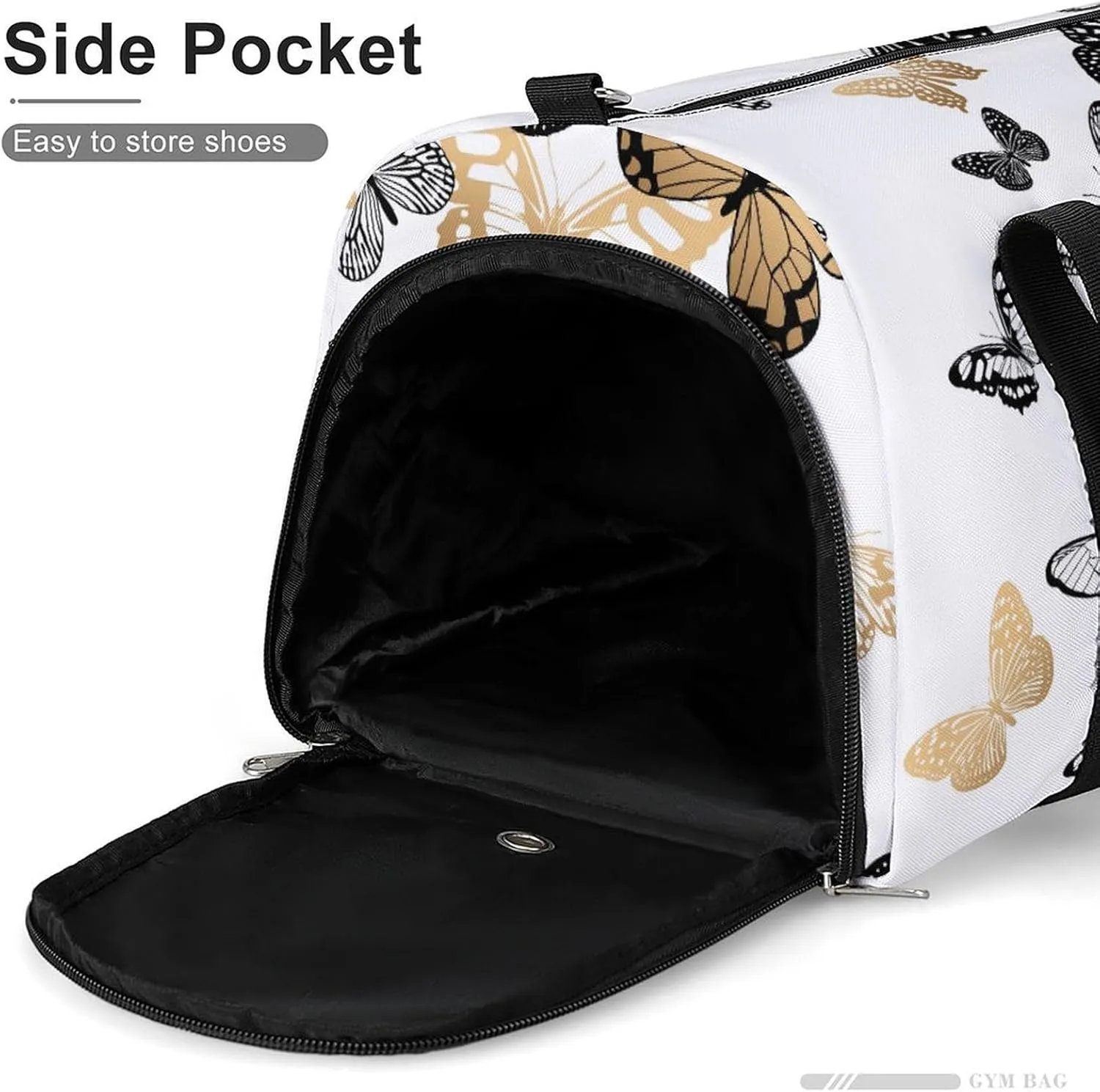 Gym Duffel Bag with Shoe Compartment Wet Pocket, Gold Black Butterflies White Travel Bag for Men Women, style