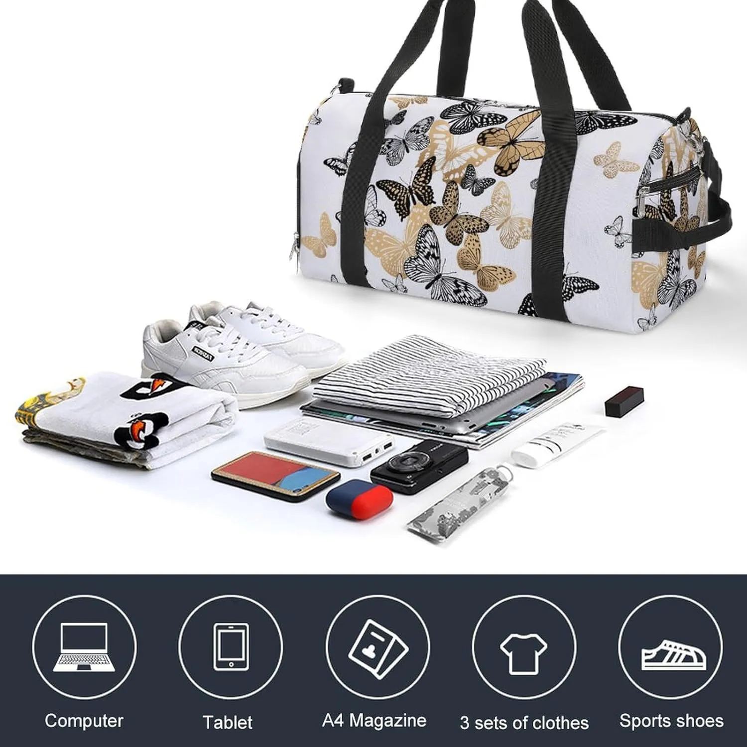 Gym Duffel Bag with Shoe Compartment Wet Pocket, Gold Black Butterflies White Travel Bag for Men Women, style
