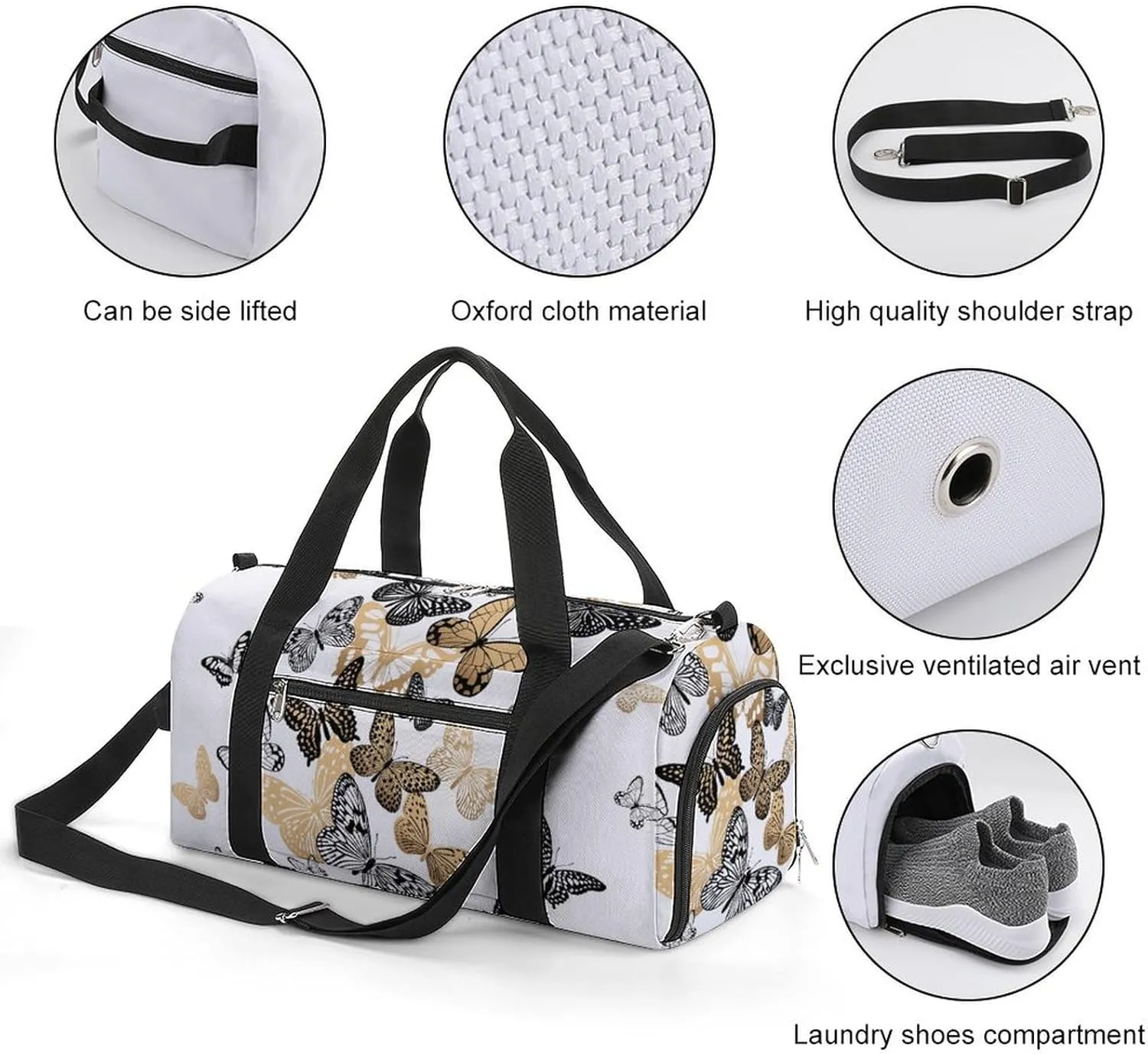 Gym Duffel Bag with Shoe Compartment Wet Pocket, Gold Black Butterflies White Travel Bag for Men Women, style
