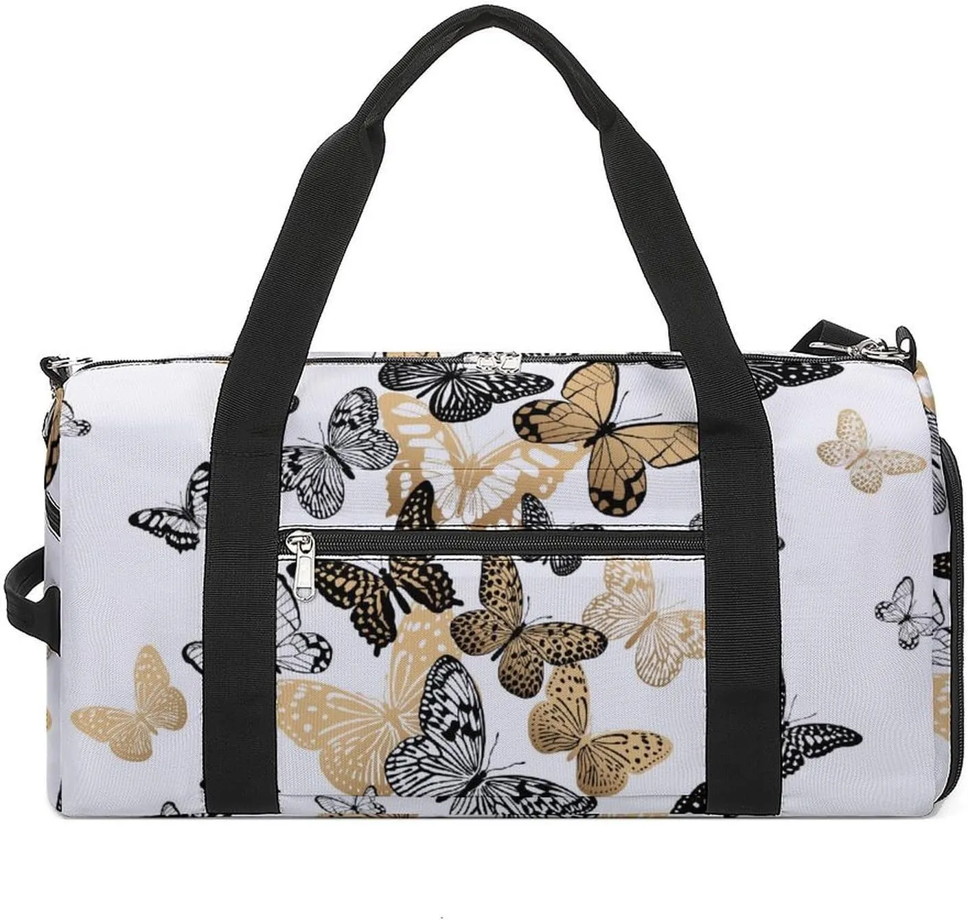 Gym Duffel Bag with Shoe Compartment Wet Pocket, Gold Black Butterflies White Travel Bag for Men Women, style