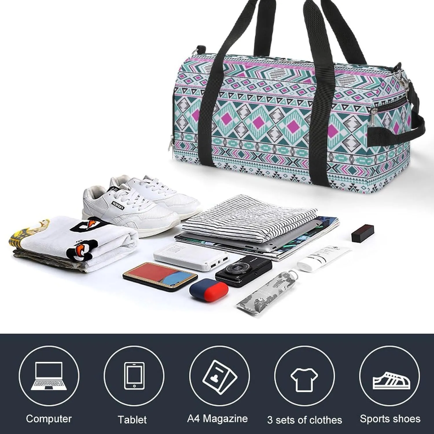 Gym Duffel Bag with Shoe Compartment Wet Pocket, Tribal Ethnic Motifs Geometric Travel Bag for Men Women, style-2