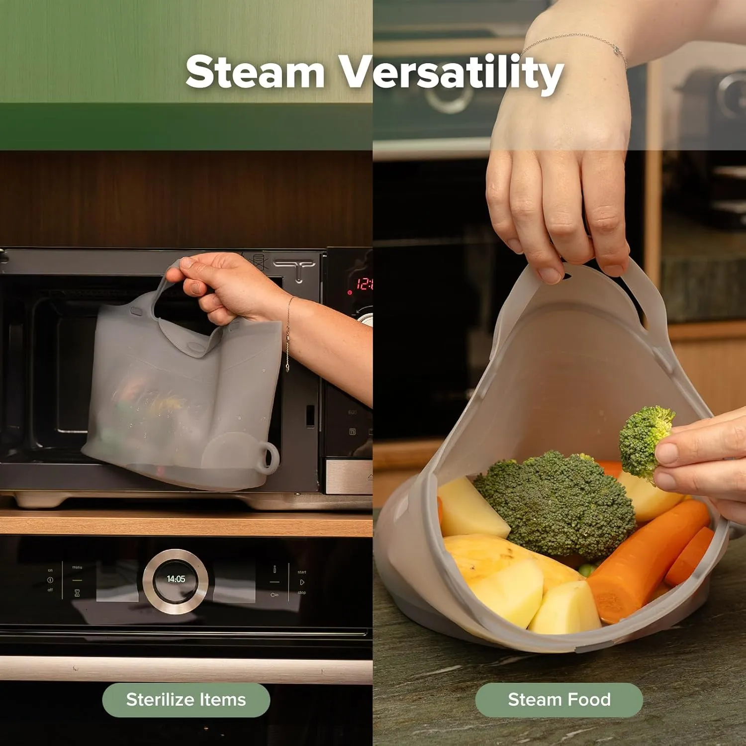 Haakaa Silicone Microwave Steamer & Steriliser Bag, 2000ml Large Capacity Reusable Steaming Bags for Baby Bottles/Breast Pump/Accessories/Pacifiers/Teethers,Great for Home and On-The-Go, Grey/2PC