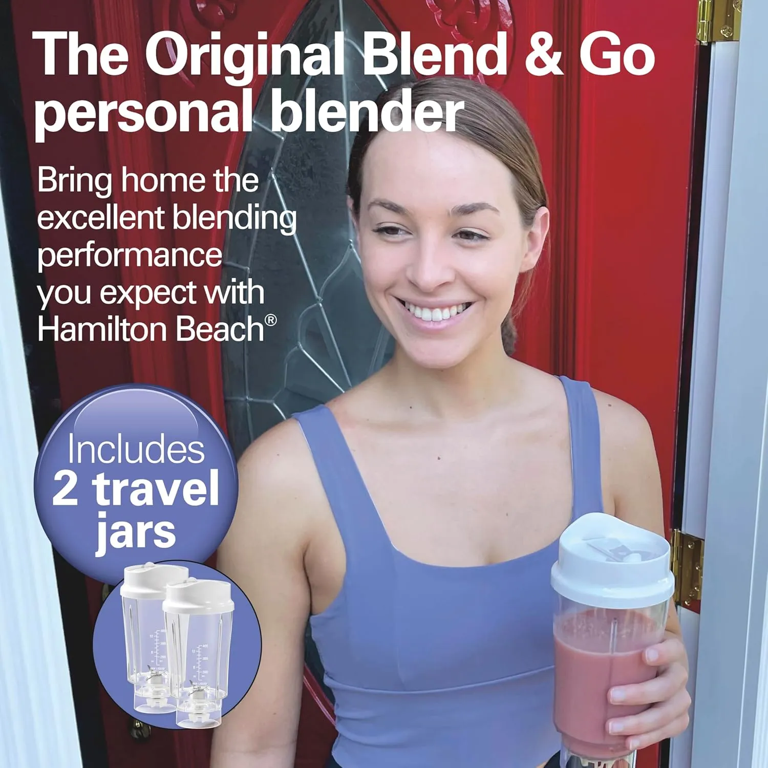 Hamilton Beach Portable Blender for Shakes and Smoothies with 14 Oz BPA Free Travel Cup and Lid, Durable Stainless Steel Blades for Powerful Blending Performance, 2 Jars - White (51102V)