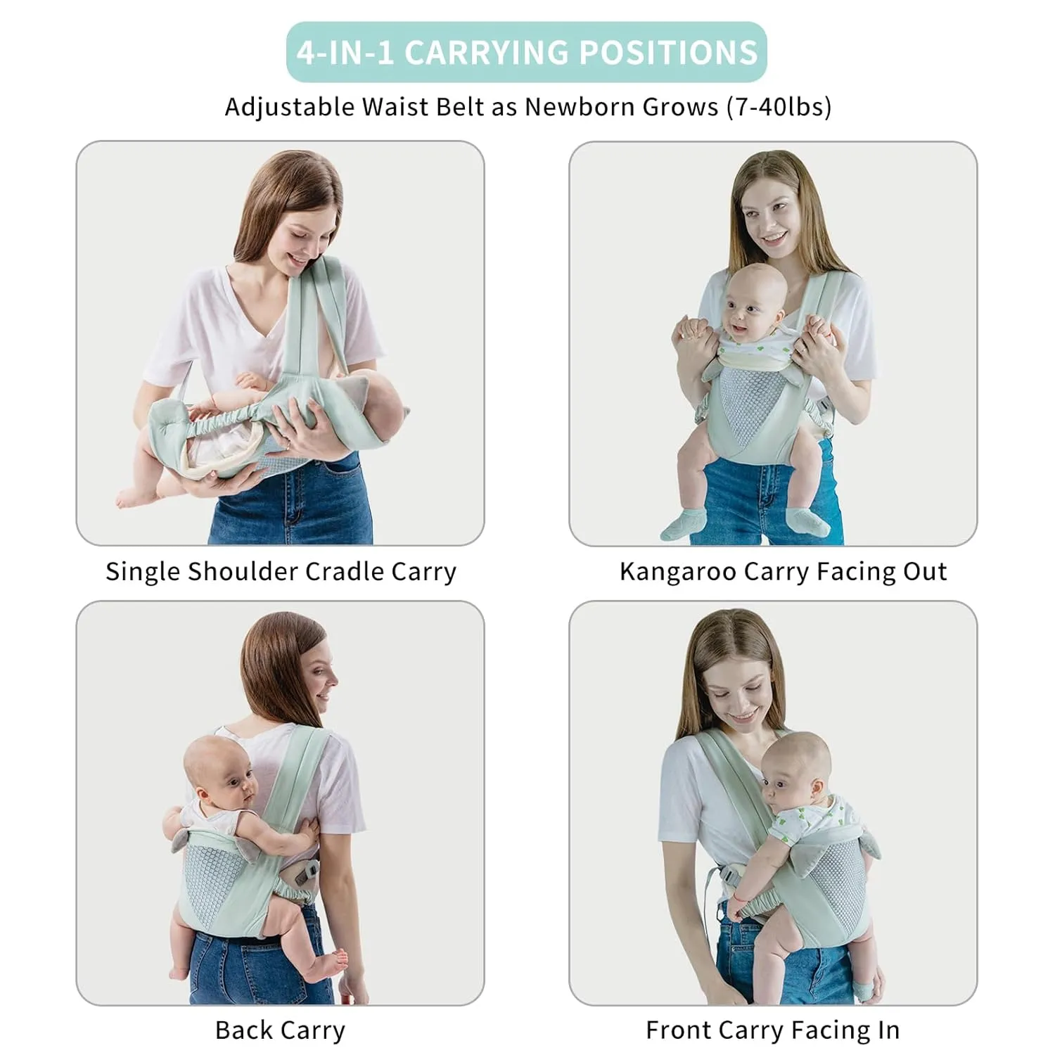 Handsfree Baby Carrier, Baby Essentials Baby Wraps Lightweight Baby Sling Carriers Travel Gear Cozy Infant Holder Adjustable Breathable Mesh Toddler Carrier Newborn to Toddler 7-40 lbs (Green)